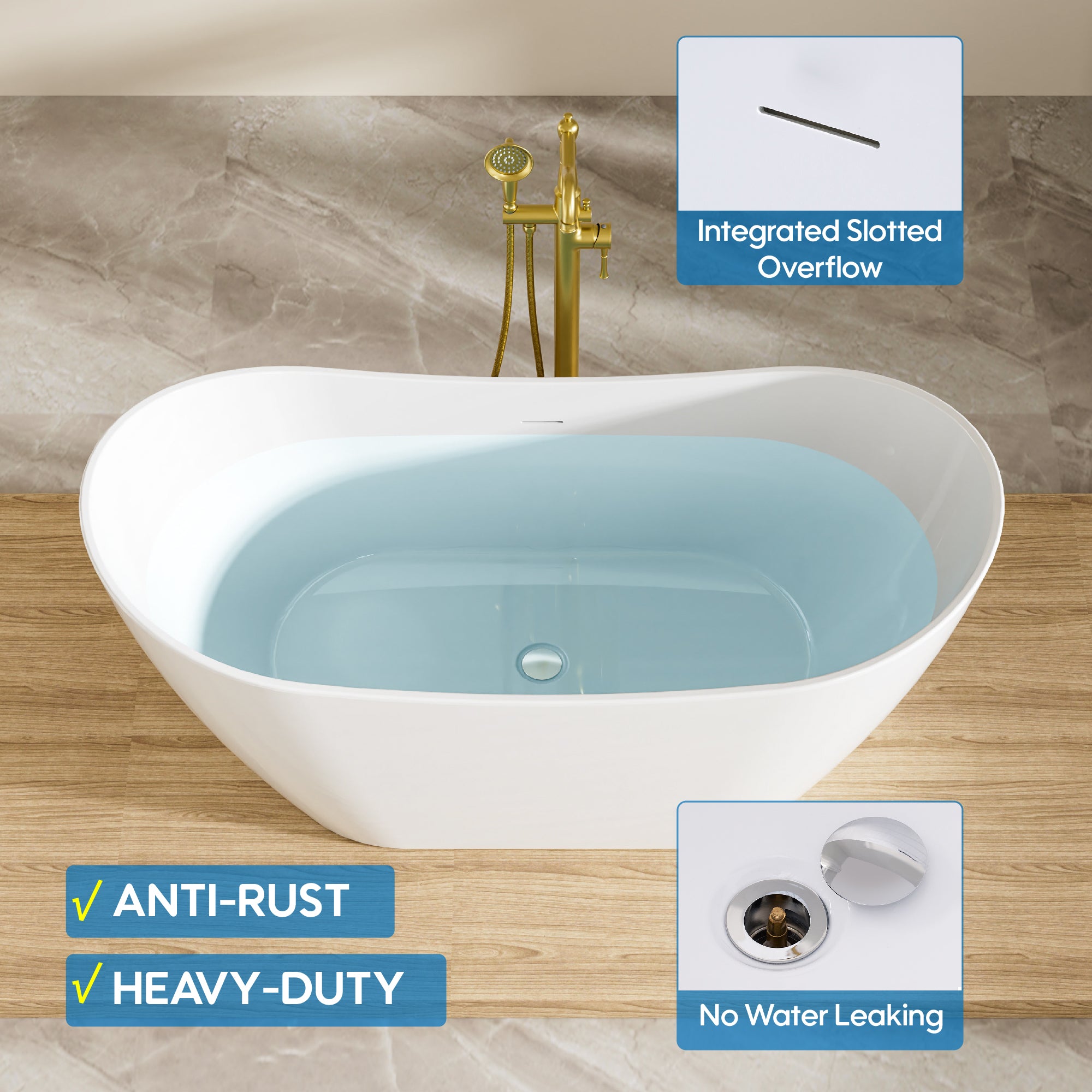 60" Glossy White Freestanding Acrylic Soaking Bathtub with Advanced Heat Retention & Ergonomic Support, 60-Gallon