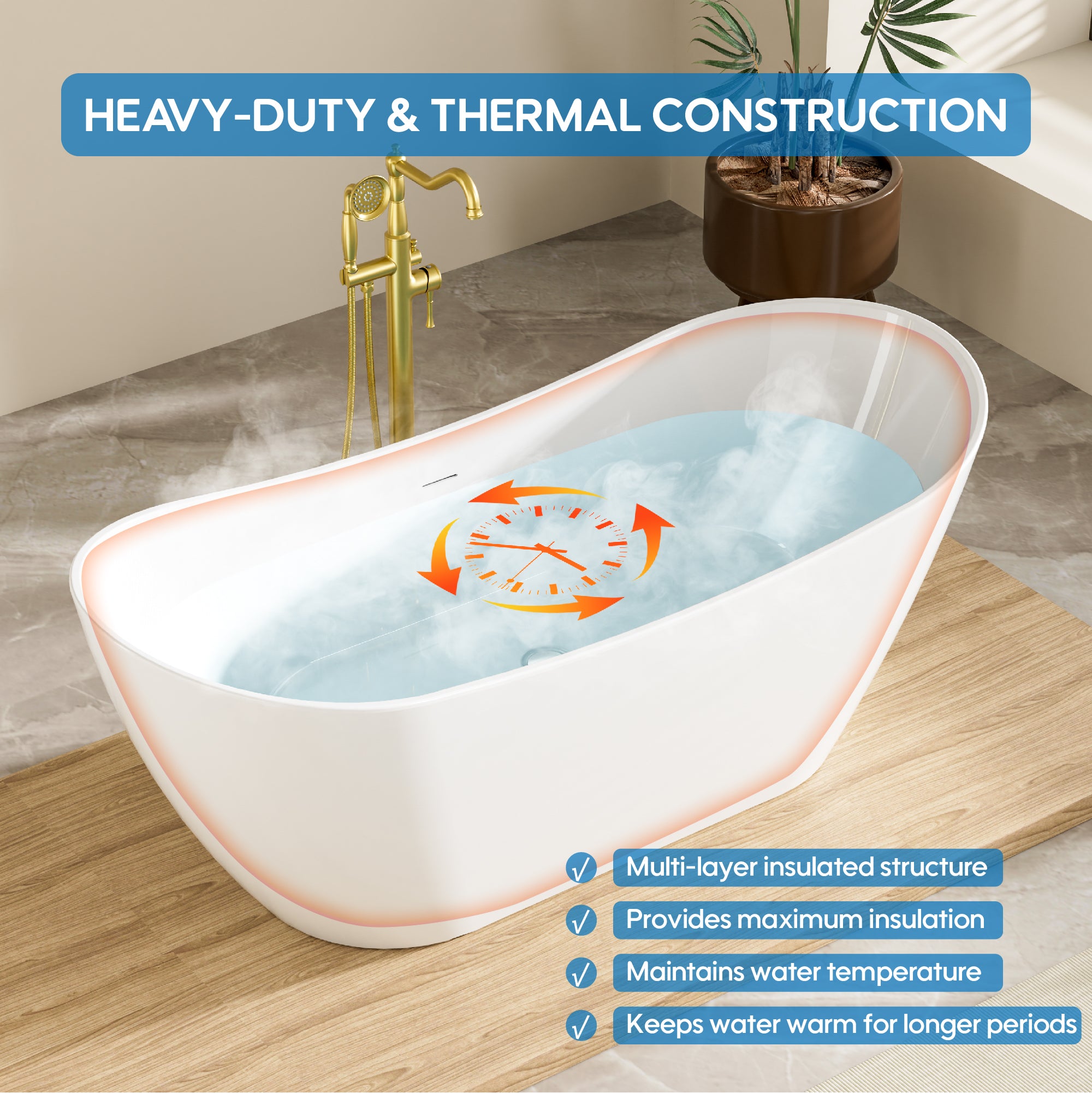 67" Glossy White Freestanding Acrylic Soaking Bathtub with Advanced Heat Retention & Ergonomic Support, 71-Gallon