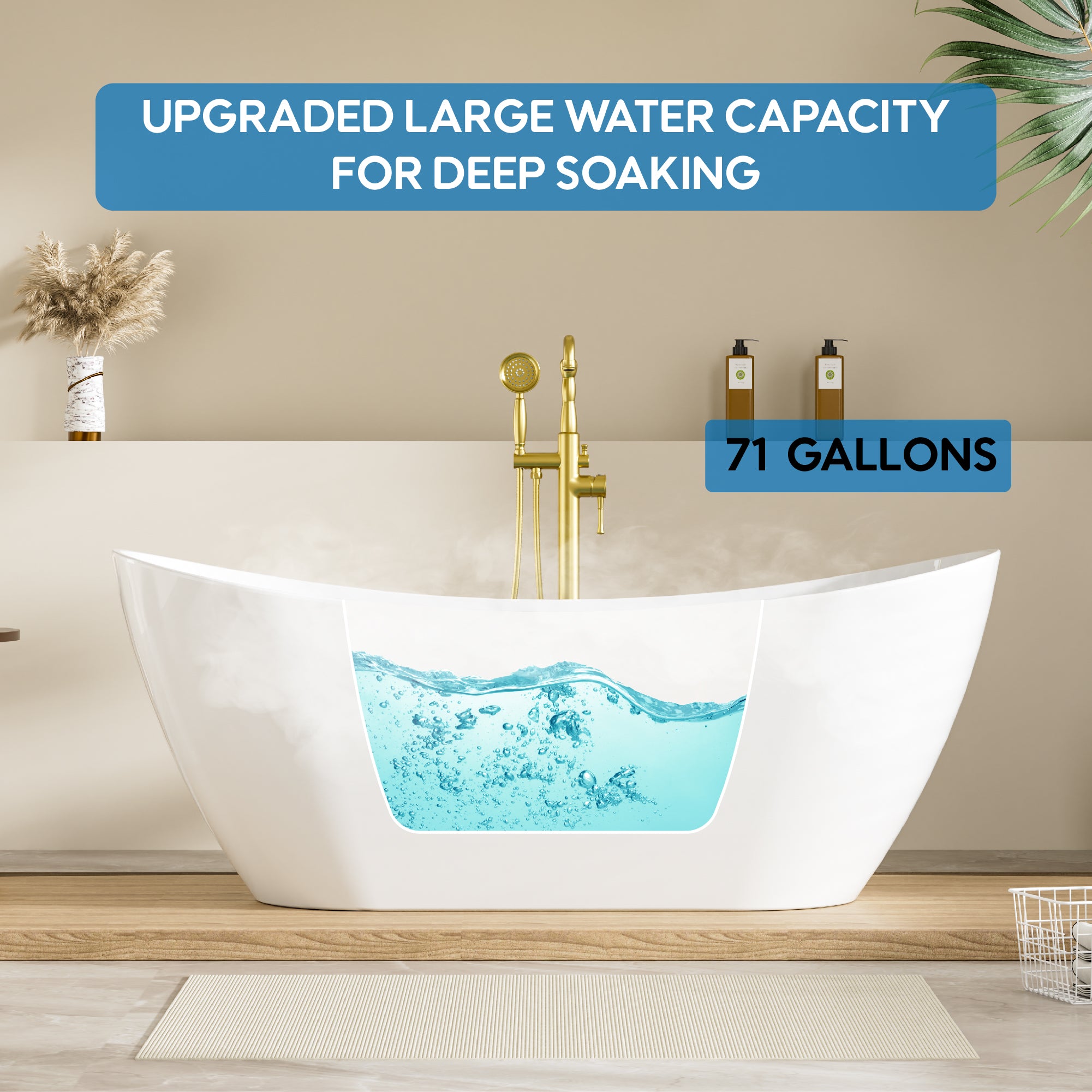 67" Glossy White Freestanding Acrylic Soaking Bathtub with Advanced Heat Retention & Ergonomic Support, 71-Gallon