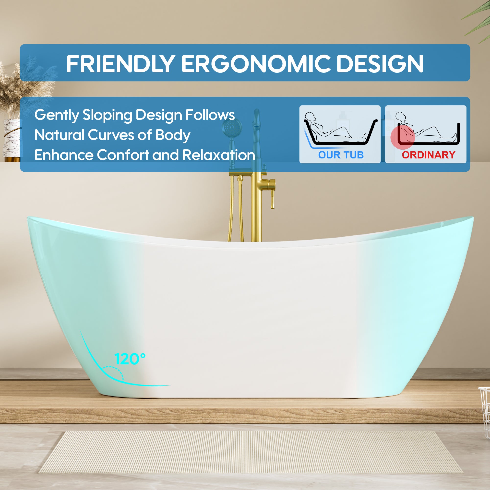 67" Glossy White Freestanding Acrylic Soaking Bathtub with Advanced Heat Retention & Ergonomic Support, 71-Gallon