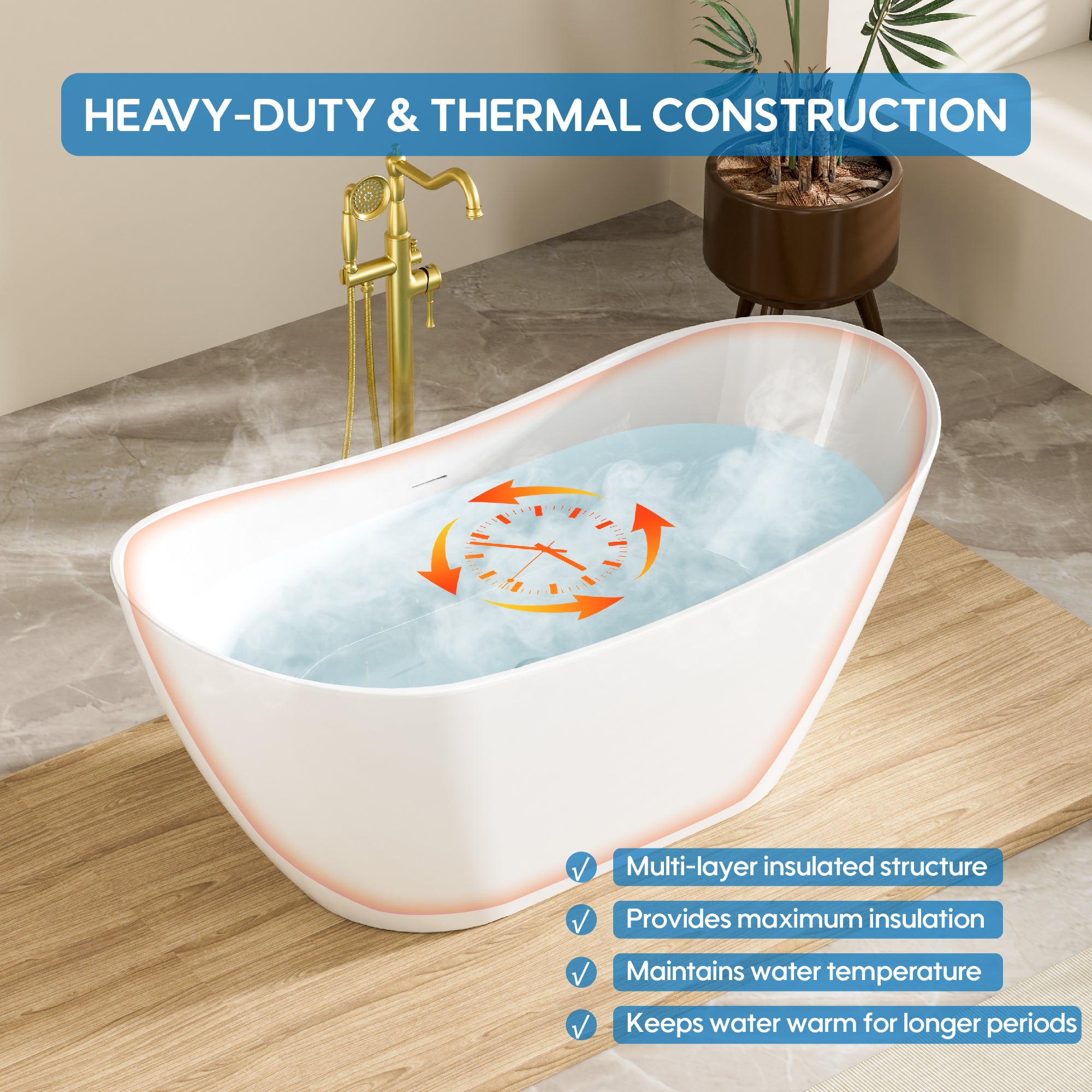 60" Glossy White Freestanding Acrylic Soaking Bathtub with Advanced Heat Retention & Ergonomic Support, 60-Gallon