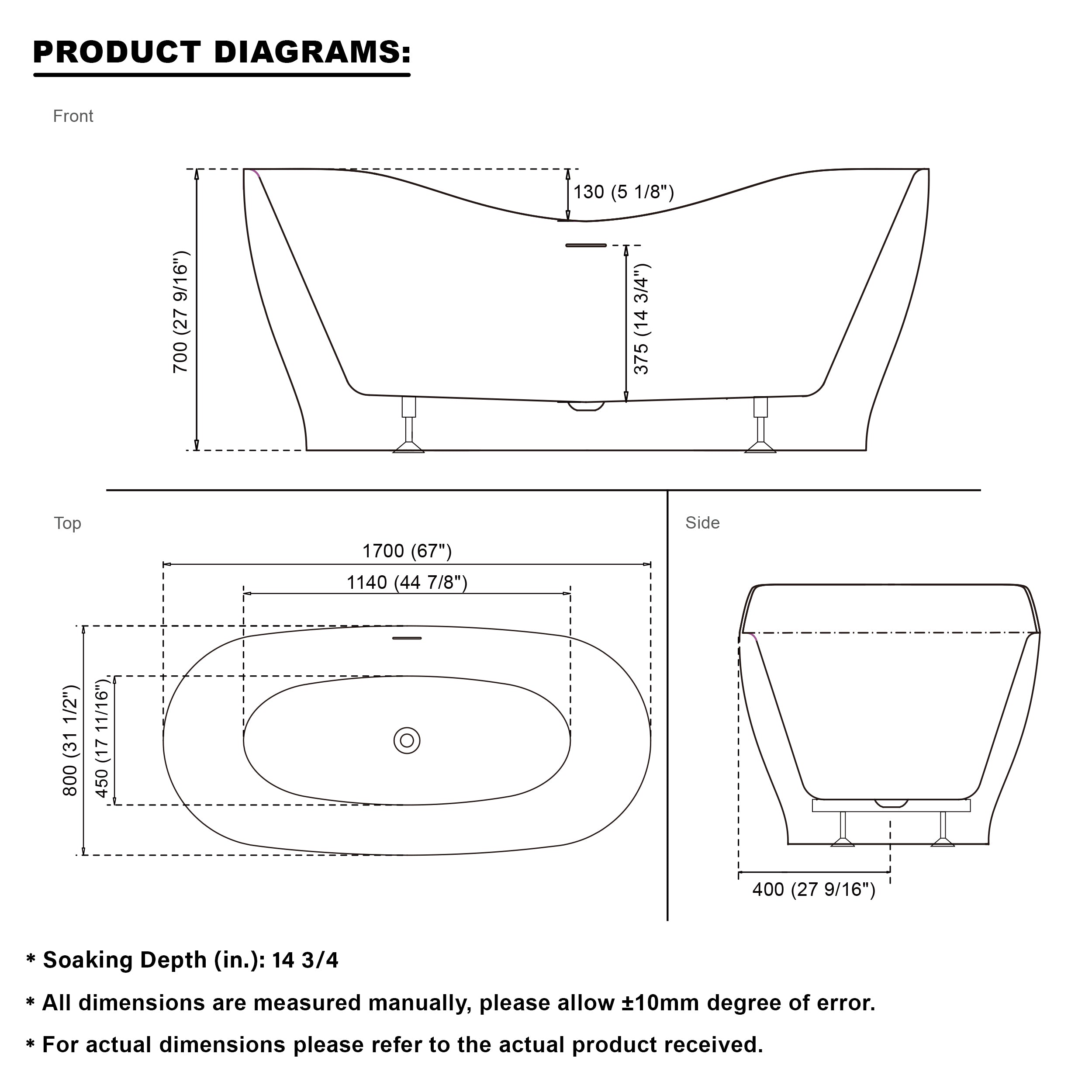 67" Acrylic Freestanding Soaking Bathtub in Glossy White with Overflow and Drain