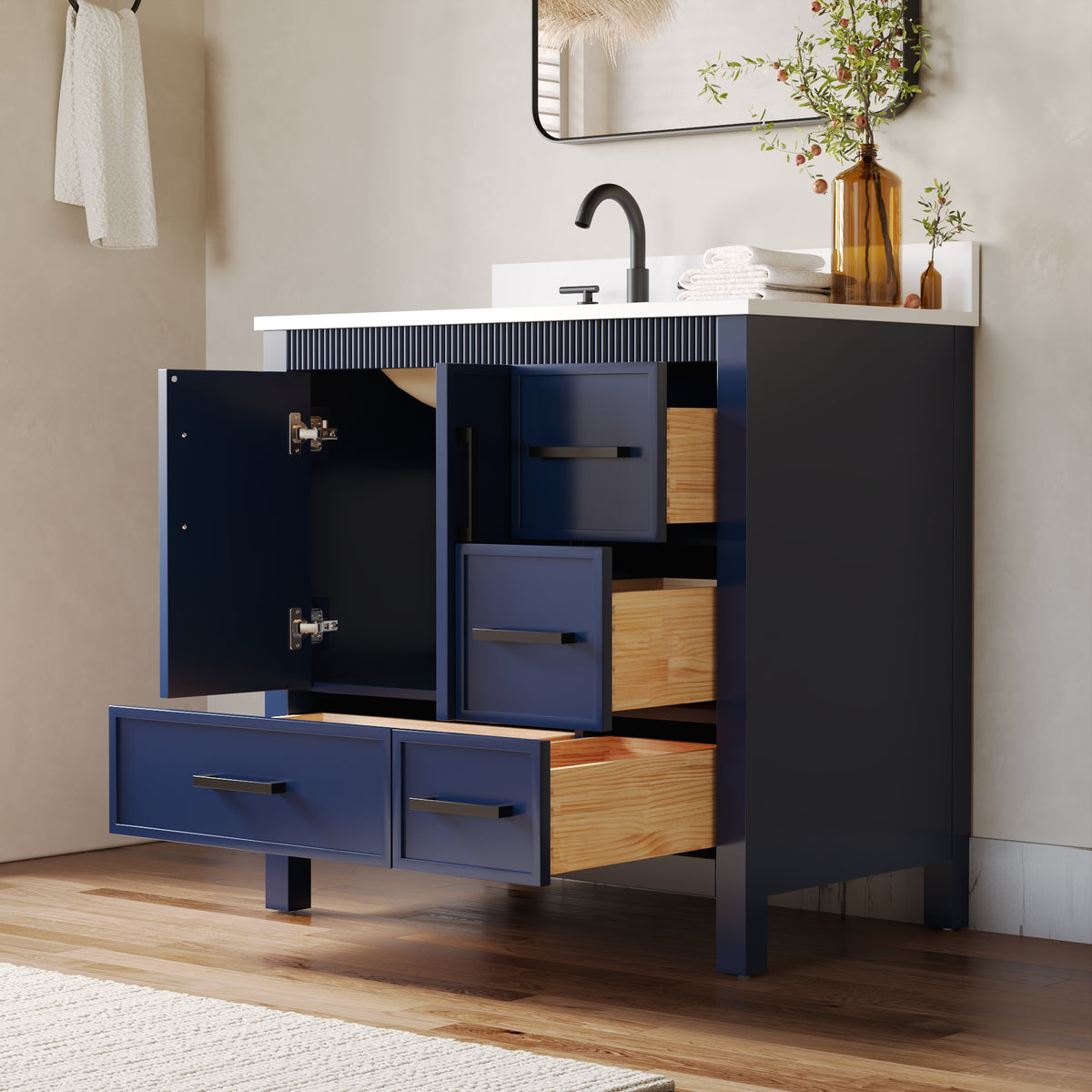36 Inch Freestanding Solid Wood Bathroom Vanity with Fluted Molding, Pure White Quartz Countertop, Navy Blue