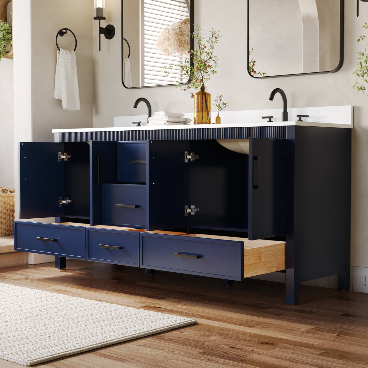 72 Inch Freestanding Solid Wood Bathroom Vanity with Pure White Quartz Countertop, 4 Soft-Close Doors & 5 Dovetail Drawers, Navy Blue