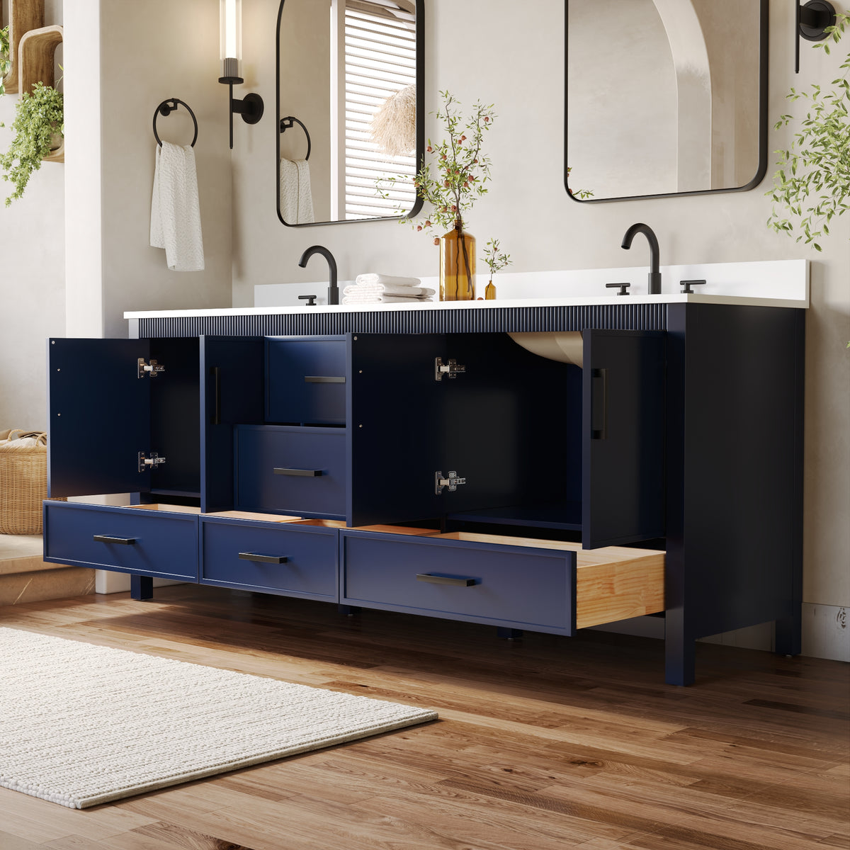 80 Inch Freestanding Solid Wood Bathroom Vanity with Pure White Quartz Countertop, 4 Soft-Close Doors & 5 Dovetail Drawers, Navy Blue