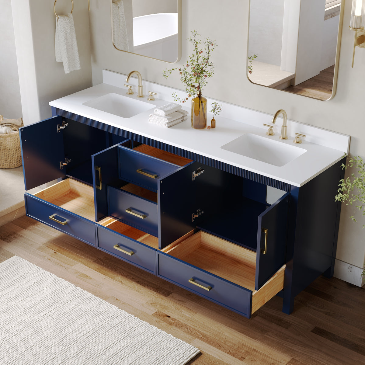 80 Inch Freestanding Solid Wood Bathroom Vanity with Pure White Quartz Countertop, 4 Soft-Close Doors & 5 Dovetail Drawers, Navy Blue