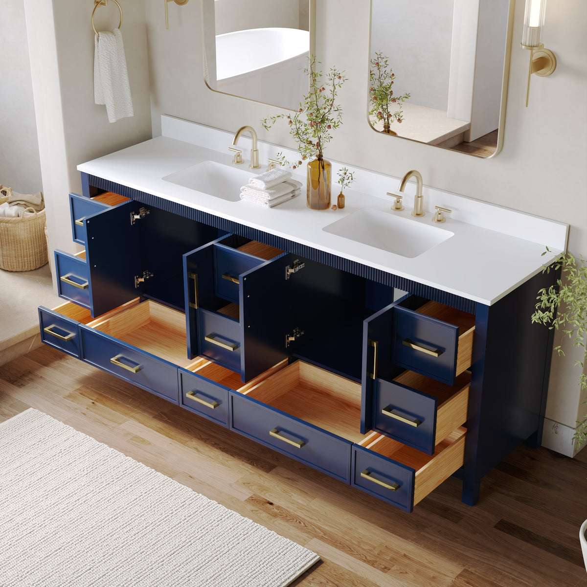 84 Inch Freestanding Solid Wood Bathroom Vanity with Pure White Quartz Countertop, 4 Soft-Close Doors & 11 Dovetail Drawers, Navy Blue