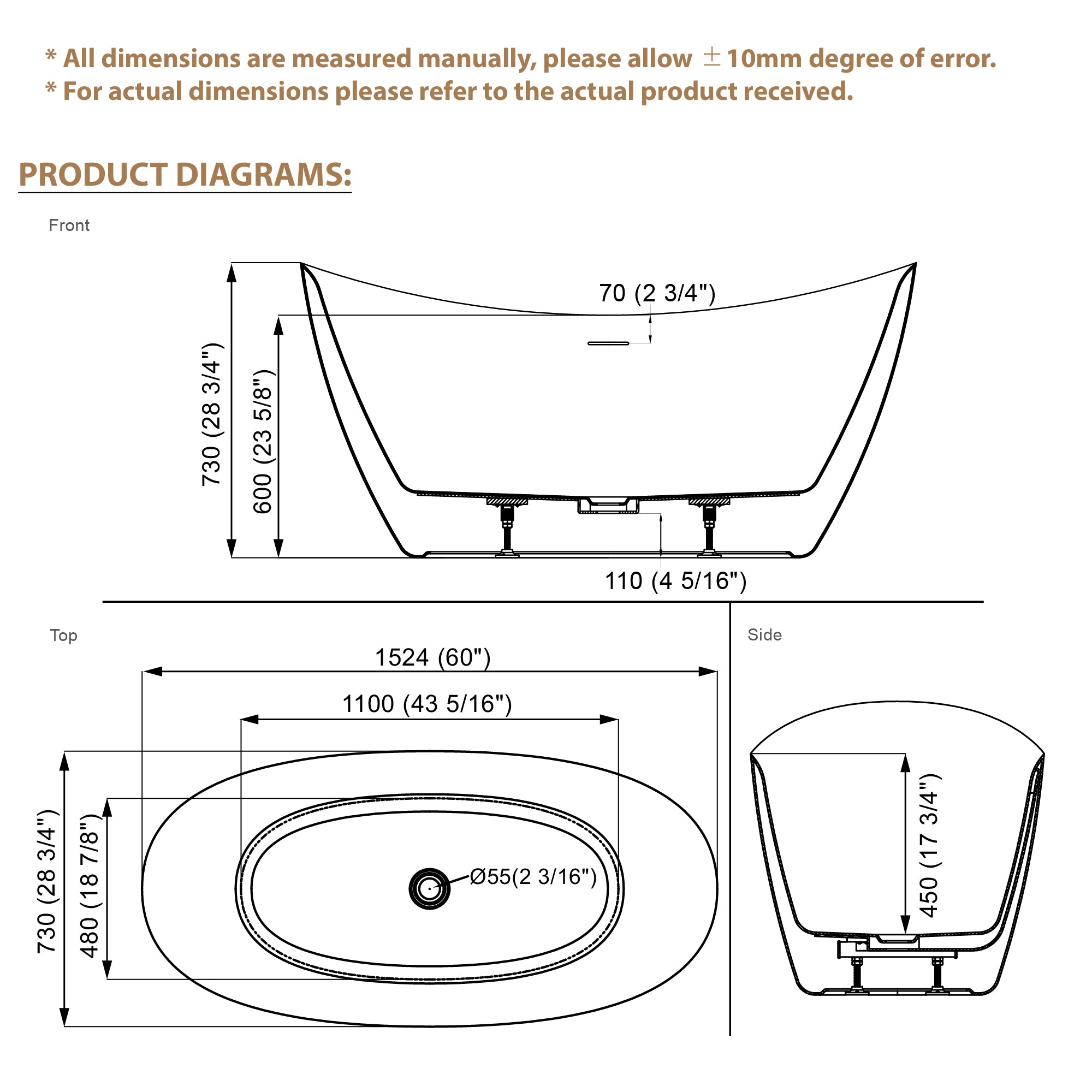60" Acrylic Freestanding Soaking Bathtub Contemporary Soaking White Tub with Overflow and Drain
