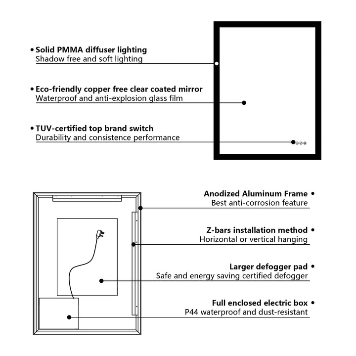28 in. W x 36 in. H Rectangular Frameless Anti-Fog LED Light Dimmable Wall Mount Premium Bathroom Vanity Mirror