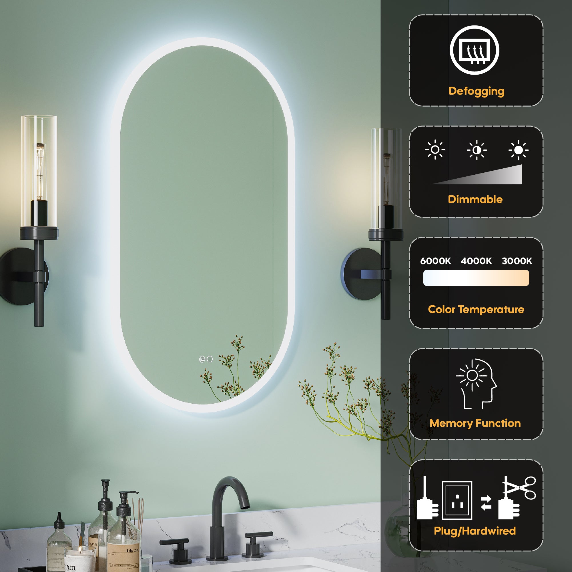 20 in. W x 36 in. H Acrylic Oval LED Frameless Mirror, Anti-Fog, Dimmable