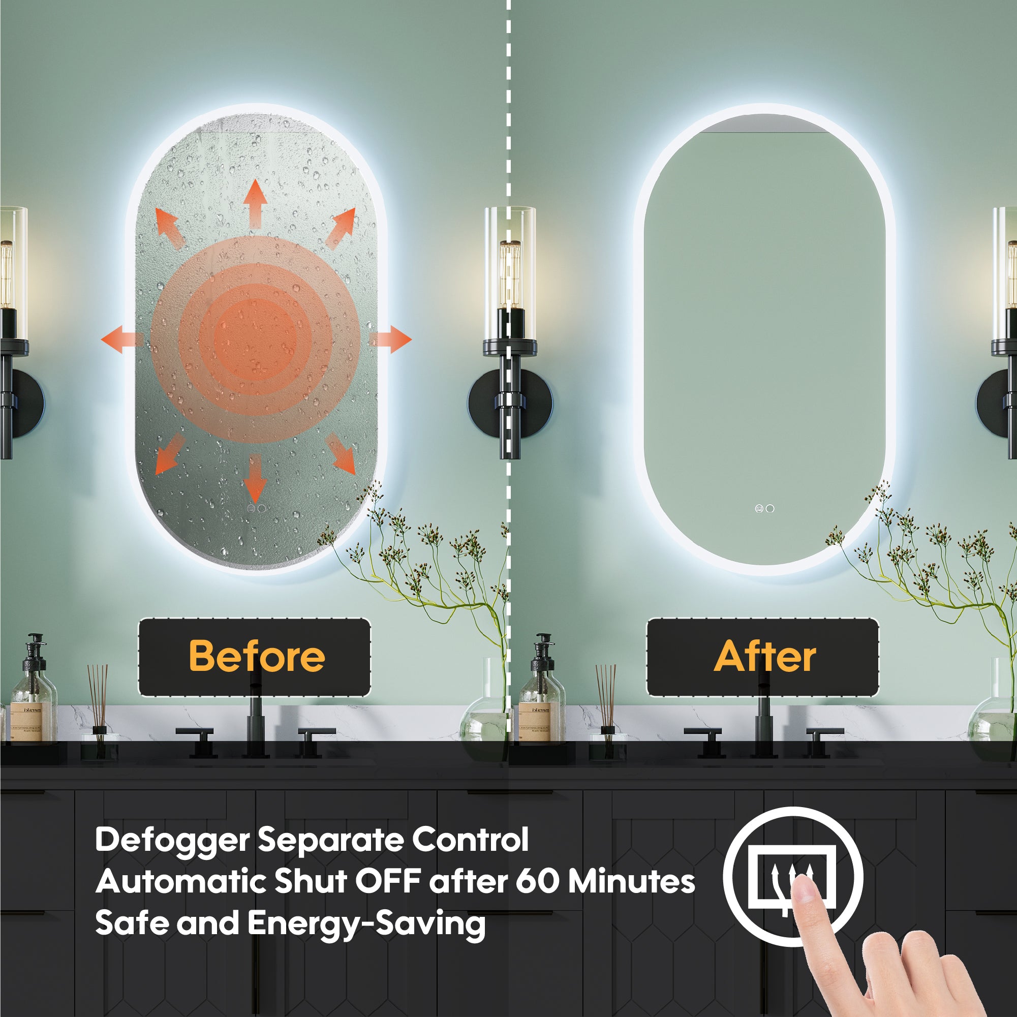 20 in. W x 36 in. H Acrylic Oval LED Frameless Mirror, Anti-Fog, Dimmable