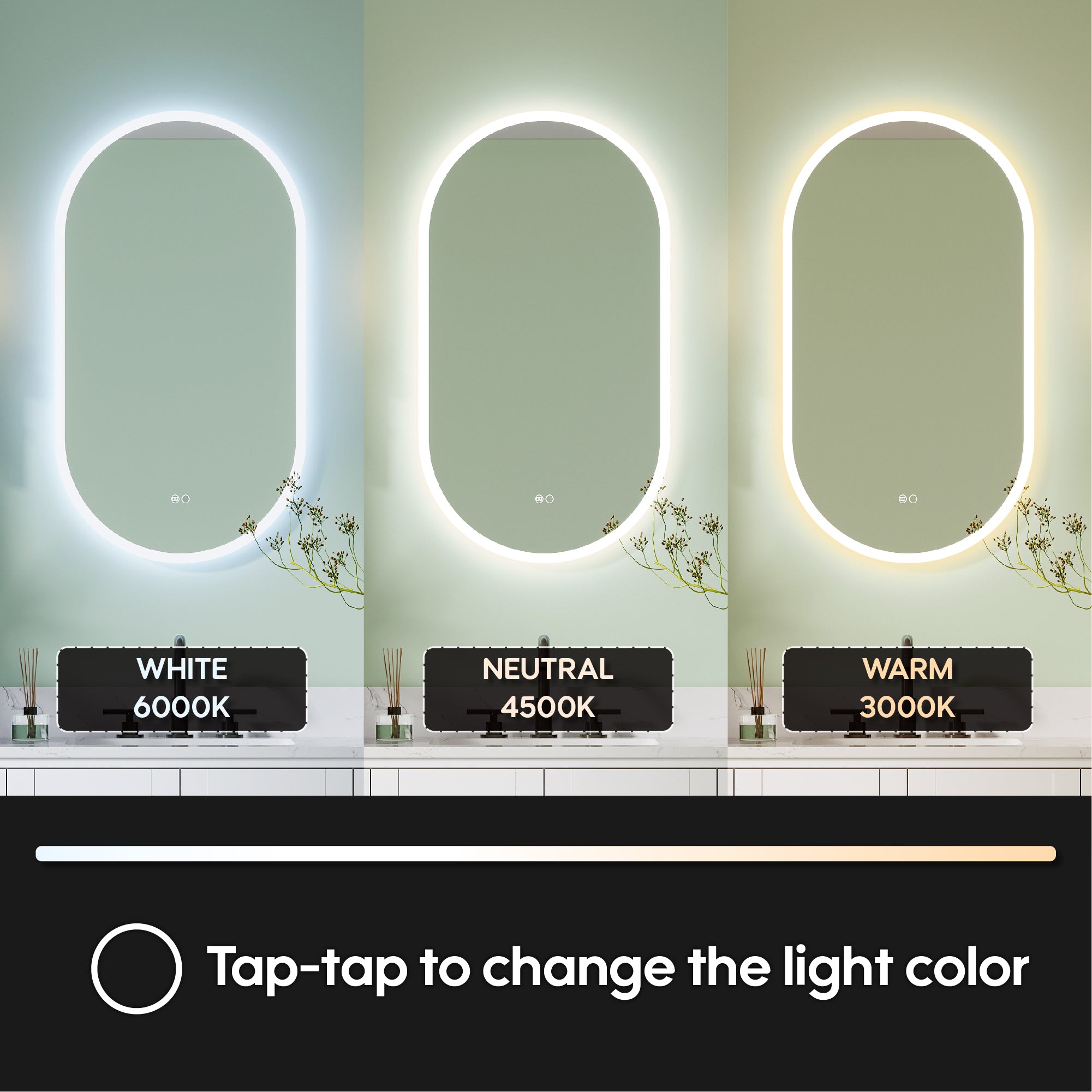 20 in. W x 36 in. H Acrylic Oval LED Frameless Mirror, Anti-Fog, Dimmable