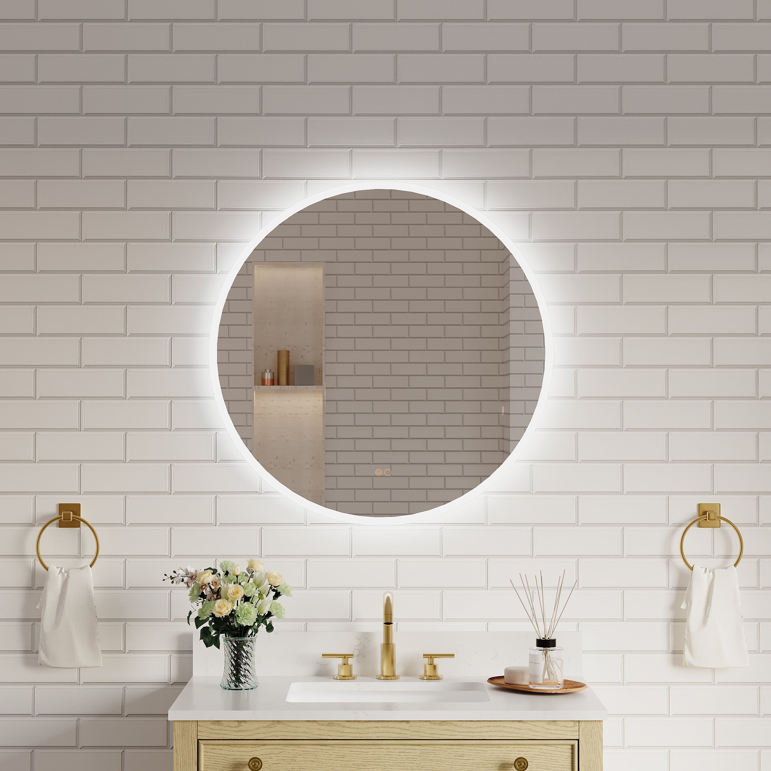 32" Round Frameless LED Bathroom Vanity Mirror, Dimmable & Anti-Fog, Frontlit & Backlit, Wall Mounted