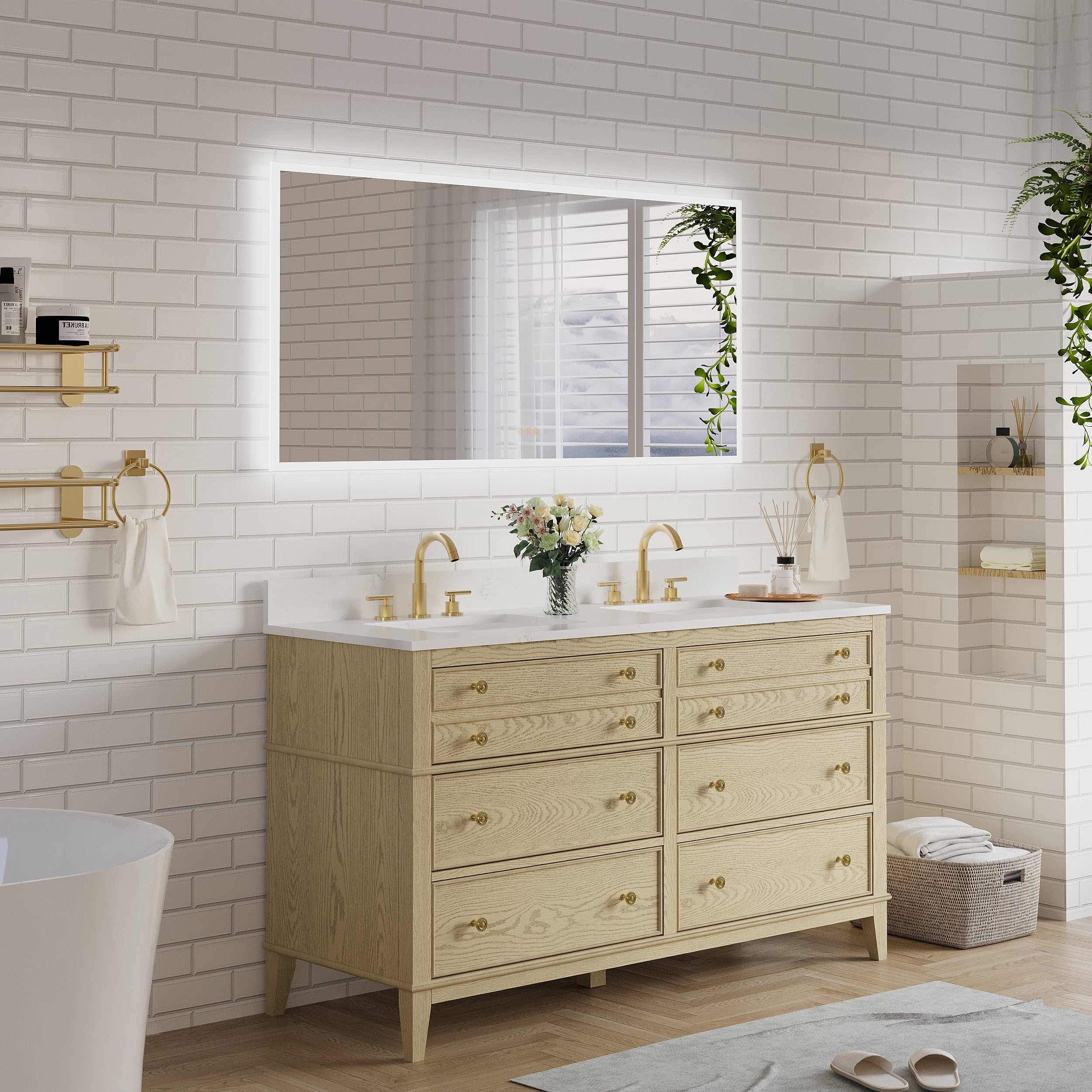 60 in. W x 28 in. H Frameless LED Frontlit & Backlit Bathroom Vanity Mirror, Dimmable & Anti-Fog, Wall Mounted