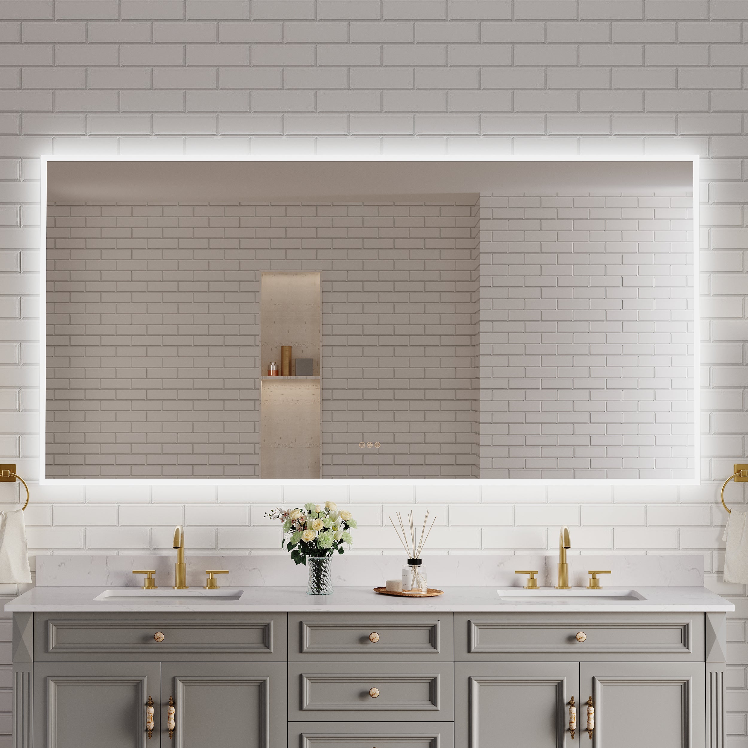 84 in. W x 42 in. H Frameless LED Frontlit & Backlit Bathroom Vanity Mirror, Dimmable & Anti-Fog, Wall Mounted