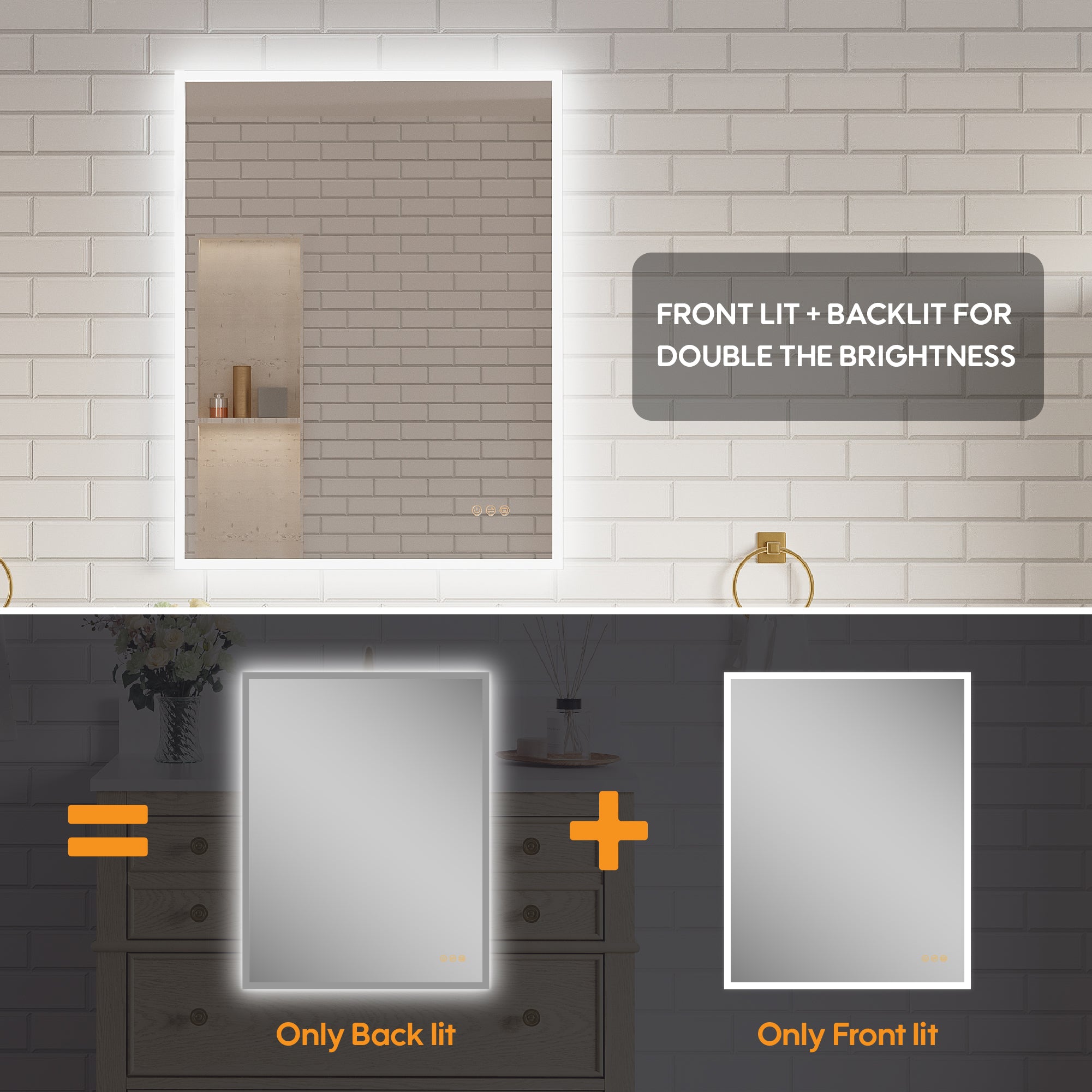 28 in. W x 36 in. H Frameless LED Frontlit & Backlit Bathroom Vanity Mirror, Dimmable & Anti-Fog, Wall Mounted