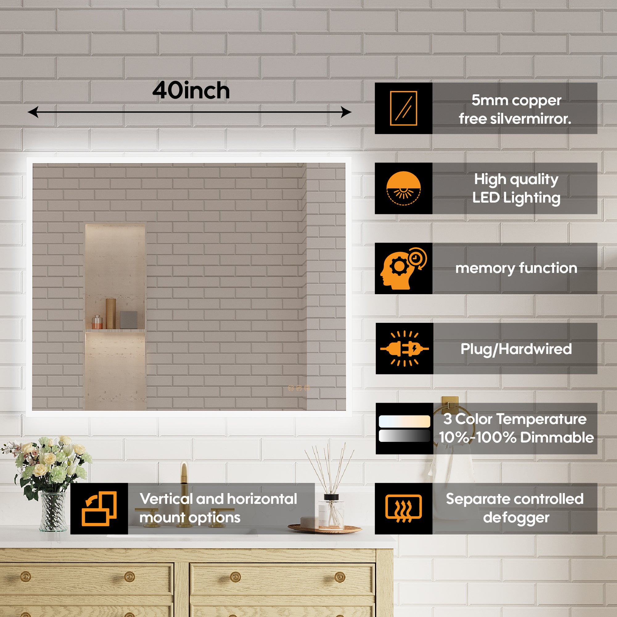 40 in. W x 32 in. H Frameless LED Frontlit & Backlit Bathroom Vanity Mirror, Dimmable & Anti-Fog, Wall Mounted