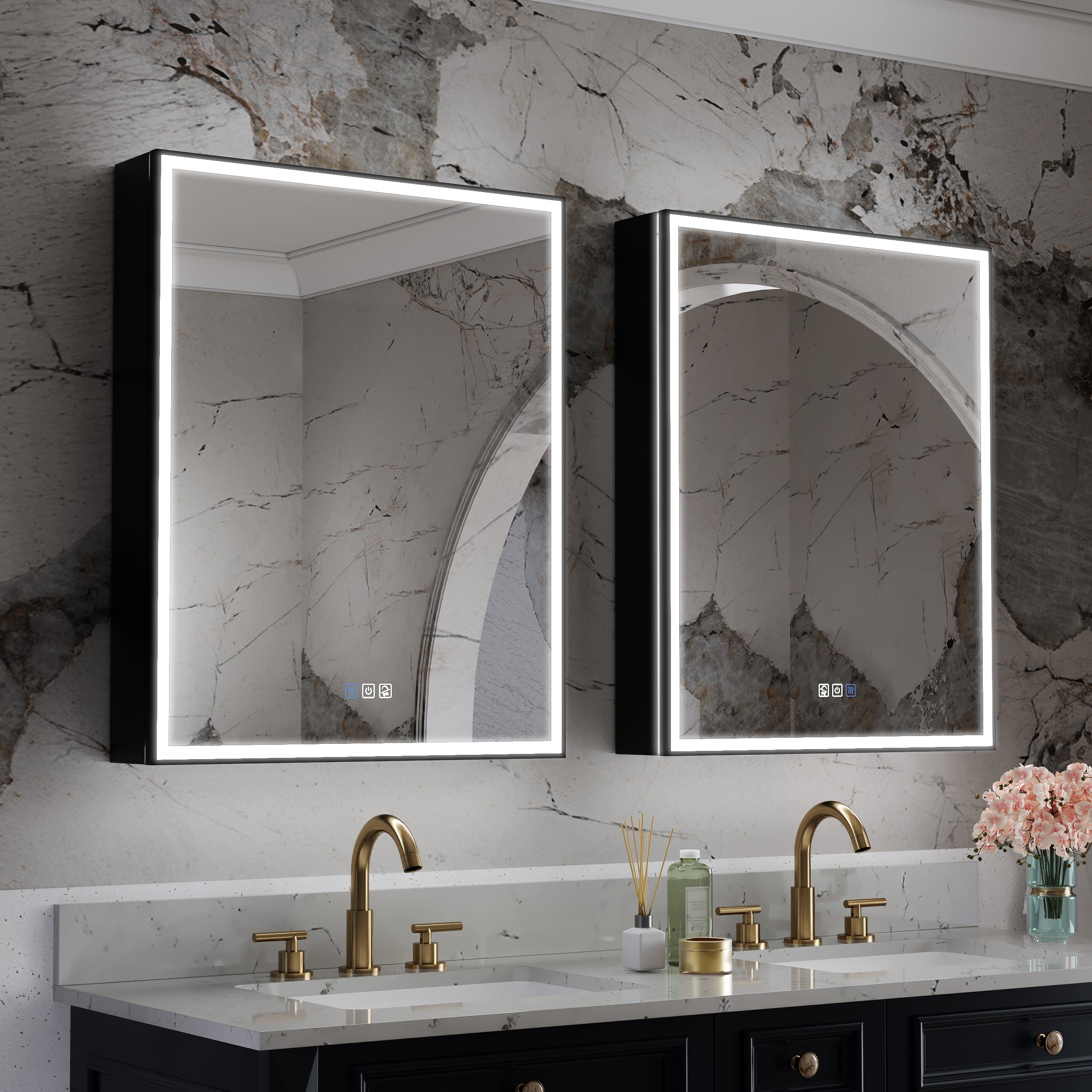 60" Navy Blue Solid Wood Bathroom Vanity & 2-Piece 24" LED Mirror Medicine Cabinet Combo