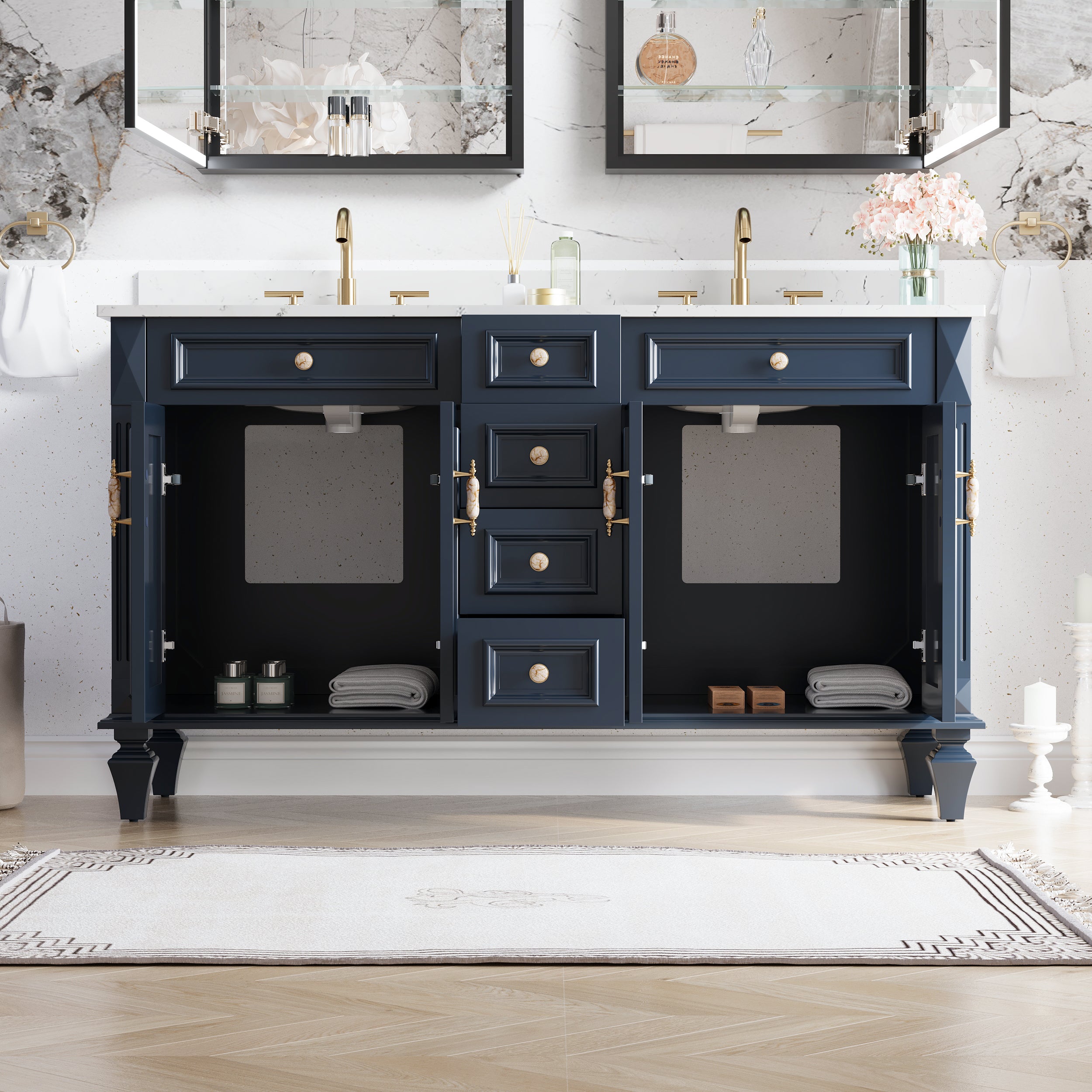 60" Navy Blue Solid Wood Bathroom Vanity & 2-Piece 24" LED Mirror Medicine Cabinet Combo