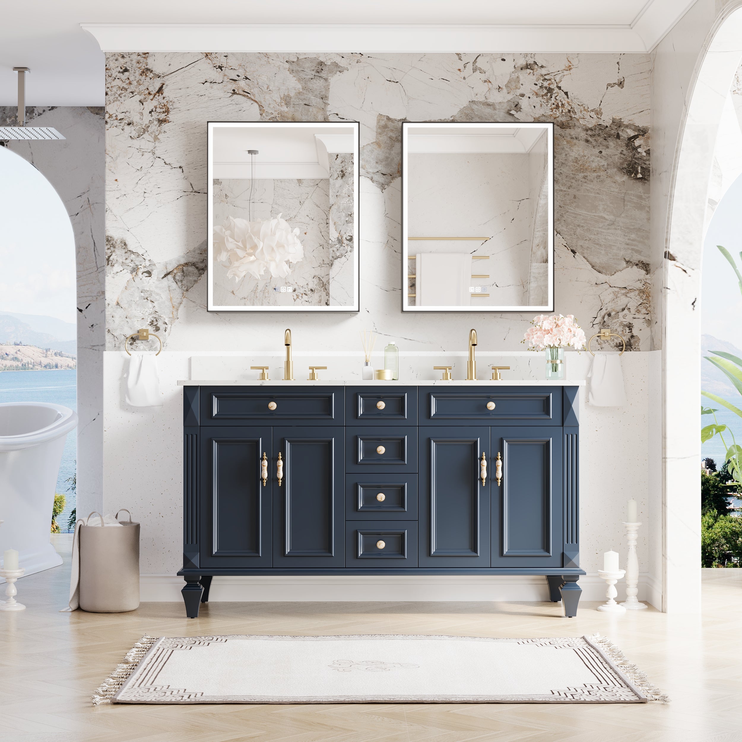 60" Navy Blue Solid Wood Bathroom Vanity & 2-Piece 24" LED Mirror Medicine Cabinet Combo