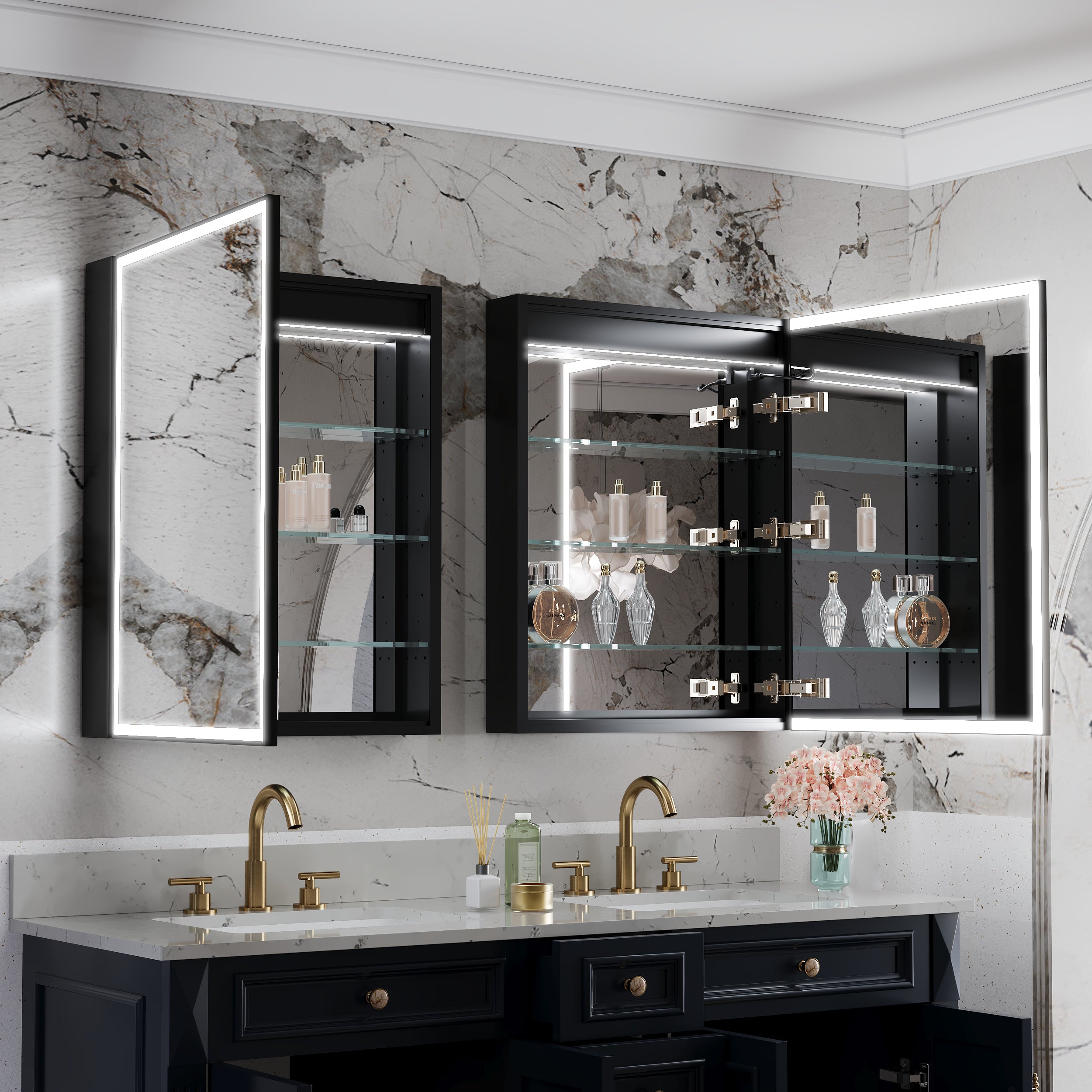 60" Navy Blue Solid Wood Bathroom Vanity & 2-Piece 24" LED Mirror Medicine Cabinet Combo