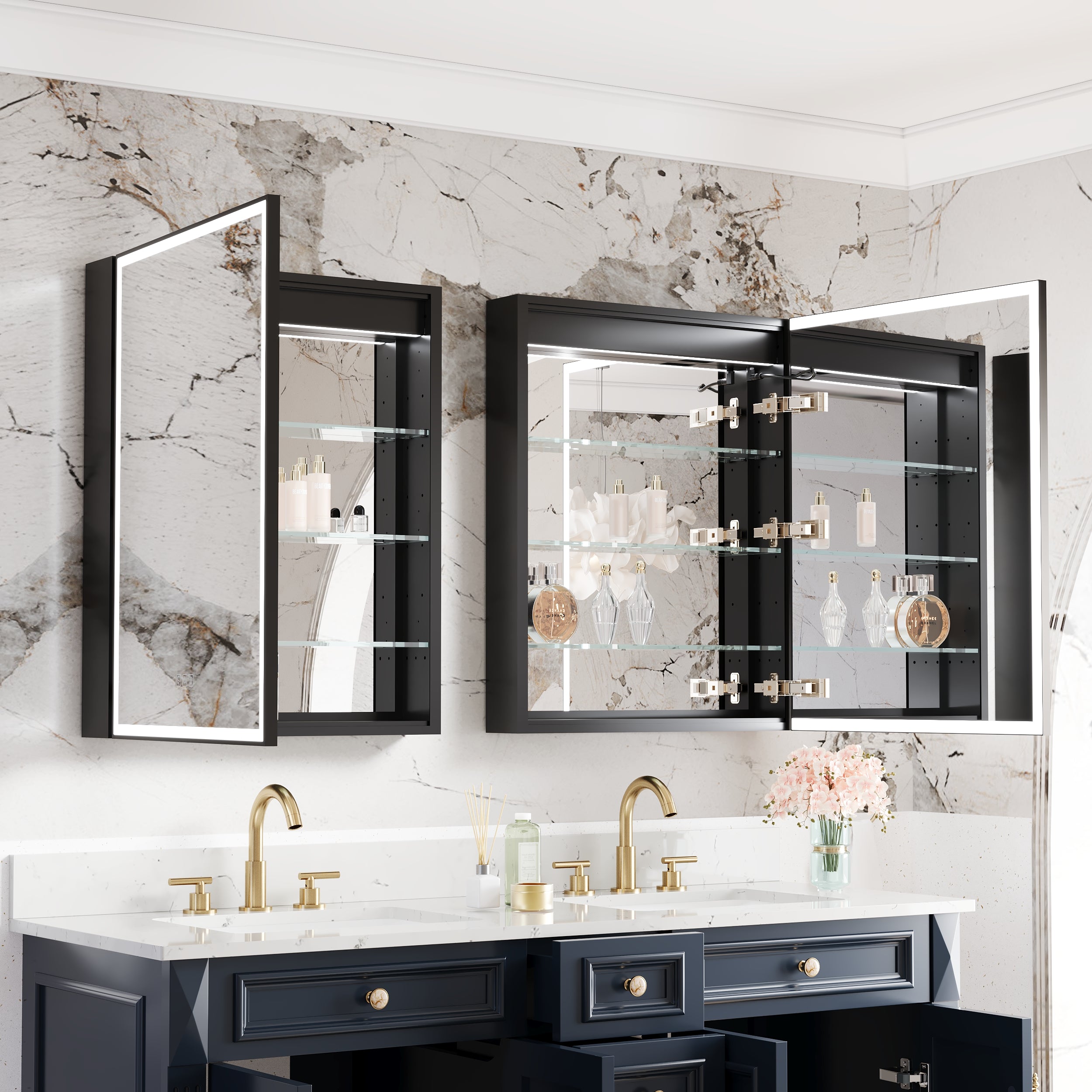 60" Navy Blue Solid Wood Bathroom Vanity & 2-Piece 24" LED Mirror Medicine Cabinet Combo