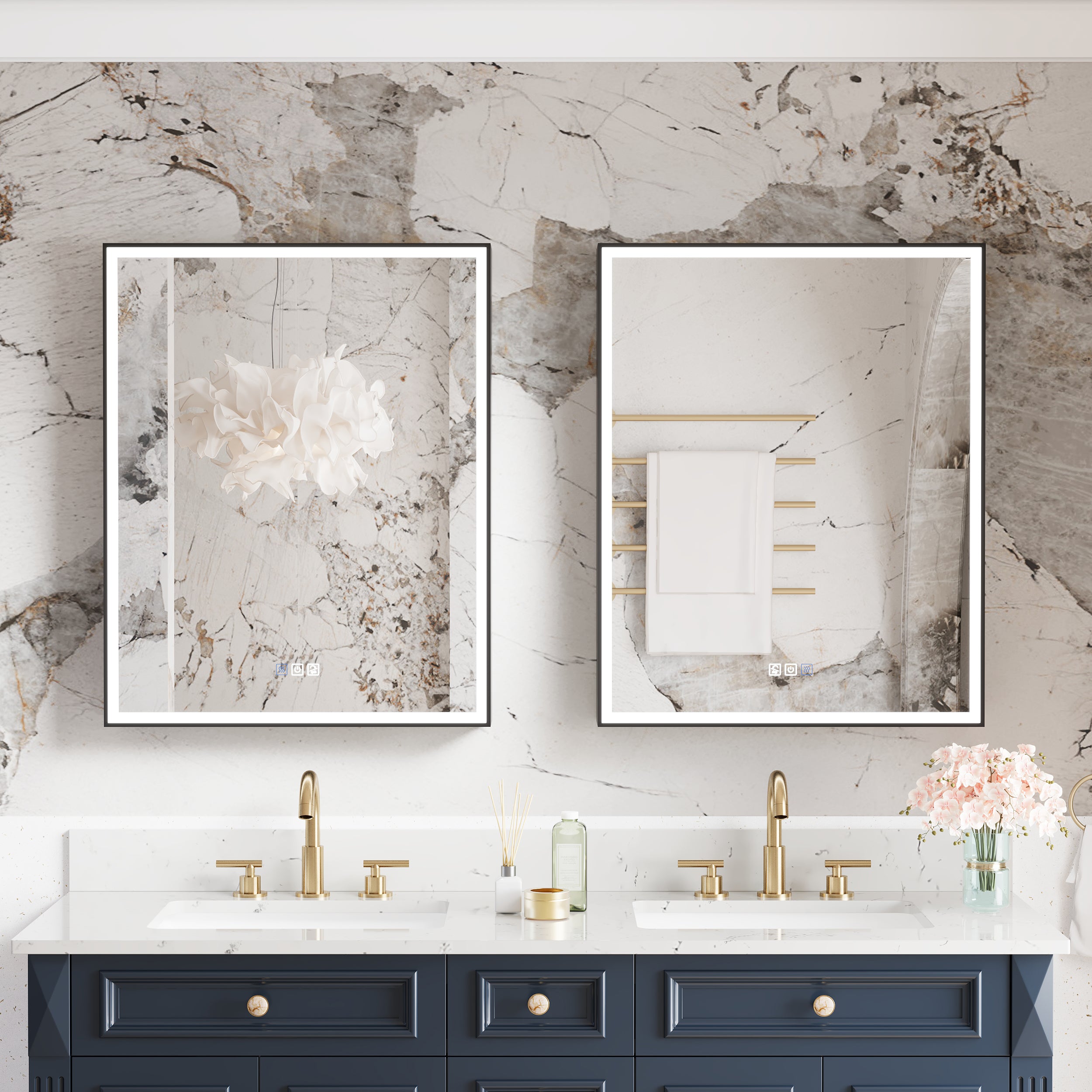 60" Navy Blue Solid Wood Bathroom Vanity & 2-Piece 24" LED Mirror Medicine Cabinet Combo