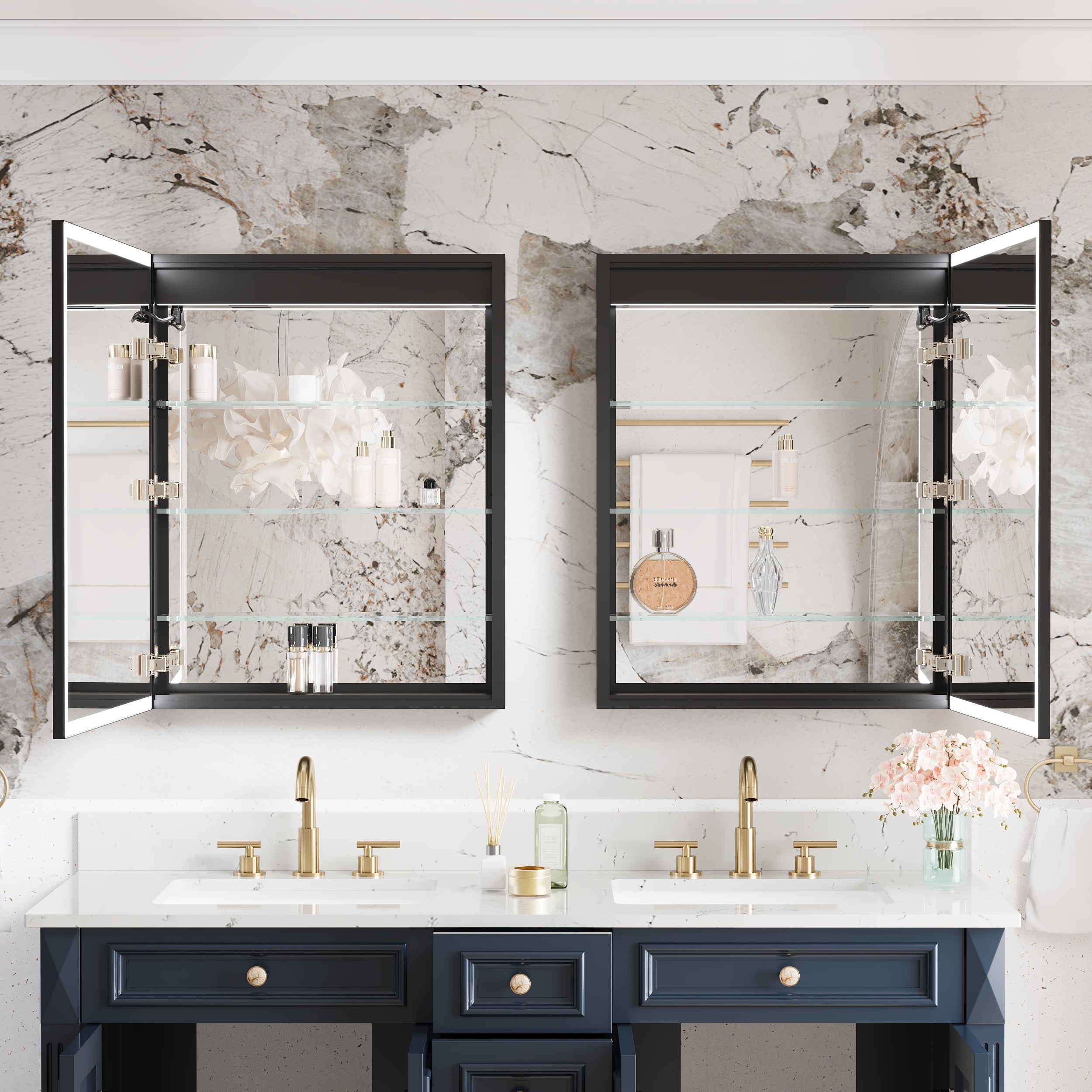 60" Navy Blue Solid Wood Bathroom Vanity & 2-Piece 24" LED Mirror Medicine Cabinet Combo