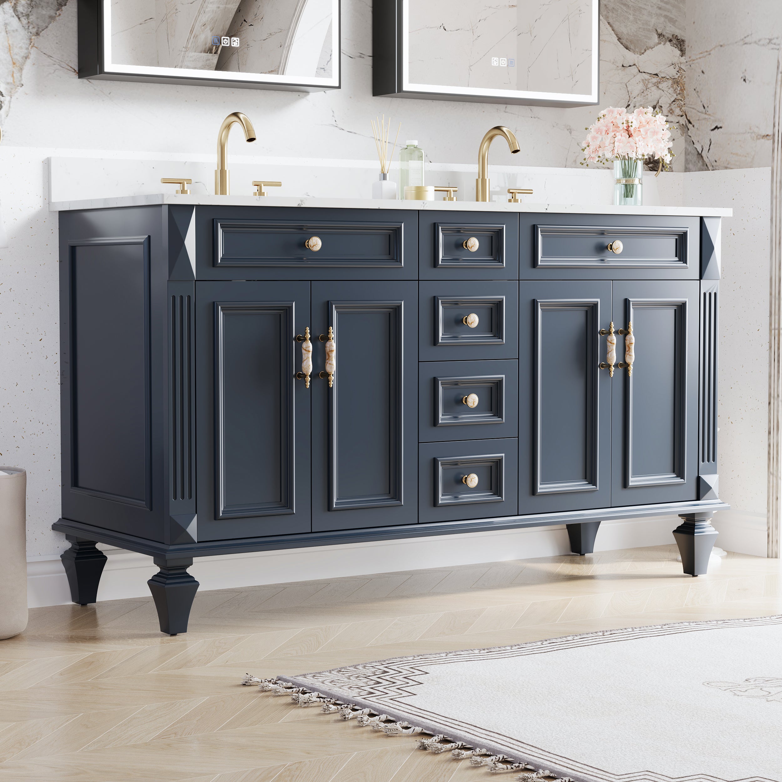 60" Navy Blue Solid Wood Bathroom Vanity & 2-Piece 24" LED Mirror Medicine Cabinet Combo