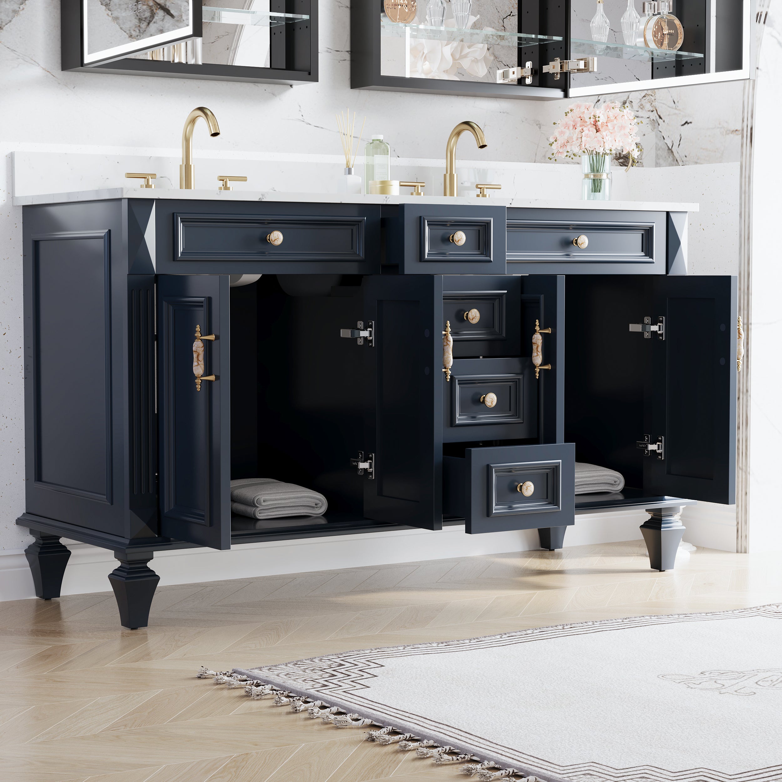 60" Navy Blue Solid Wood Bathroom Vanity & 2-Piece 24" LED Mirror Medicine Cabinet Combo