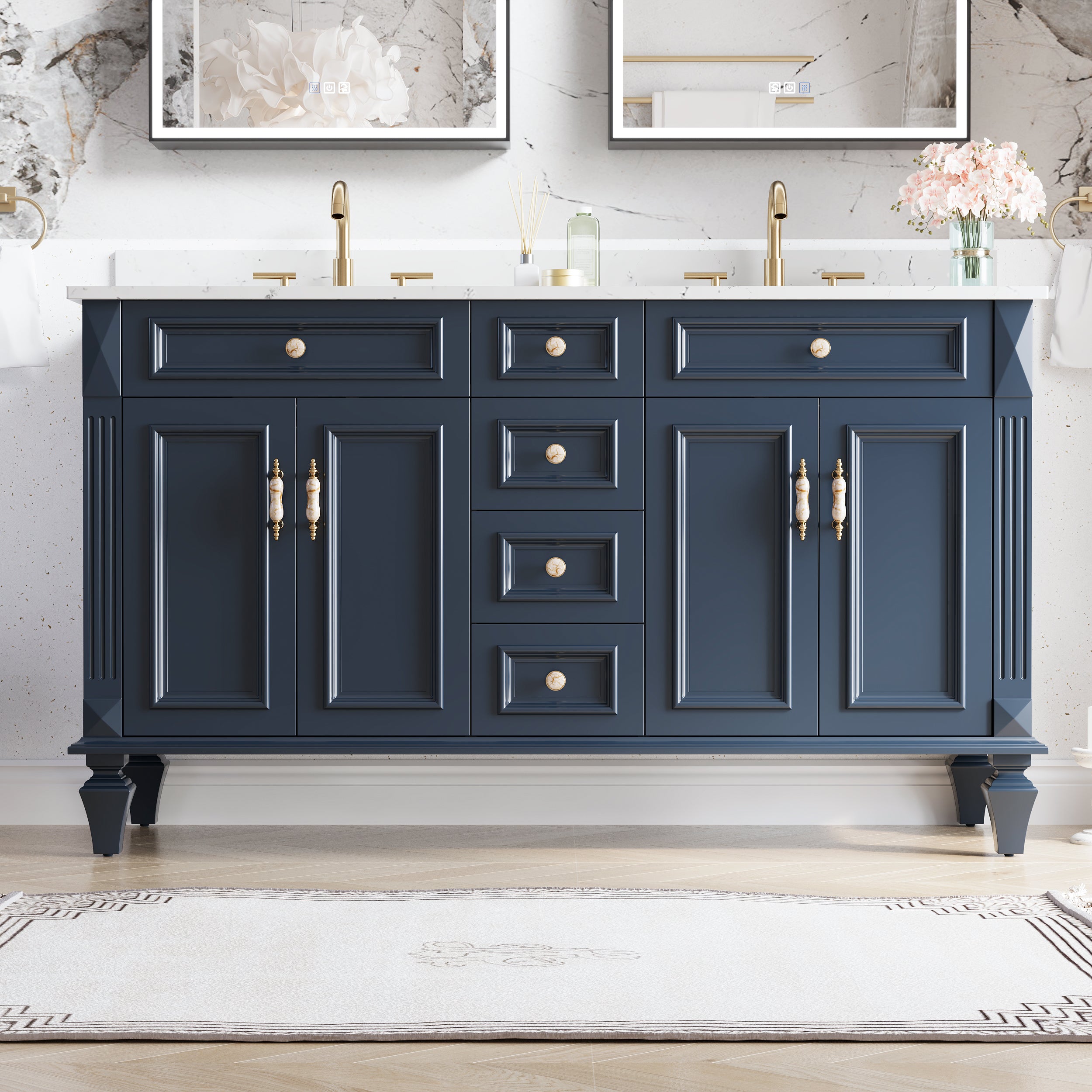 60" Navy Blue Solid Wood Bathroom Vanity & 2-Piece 24" LED Mirror Medicine Cabinet Combo