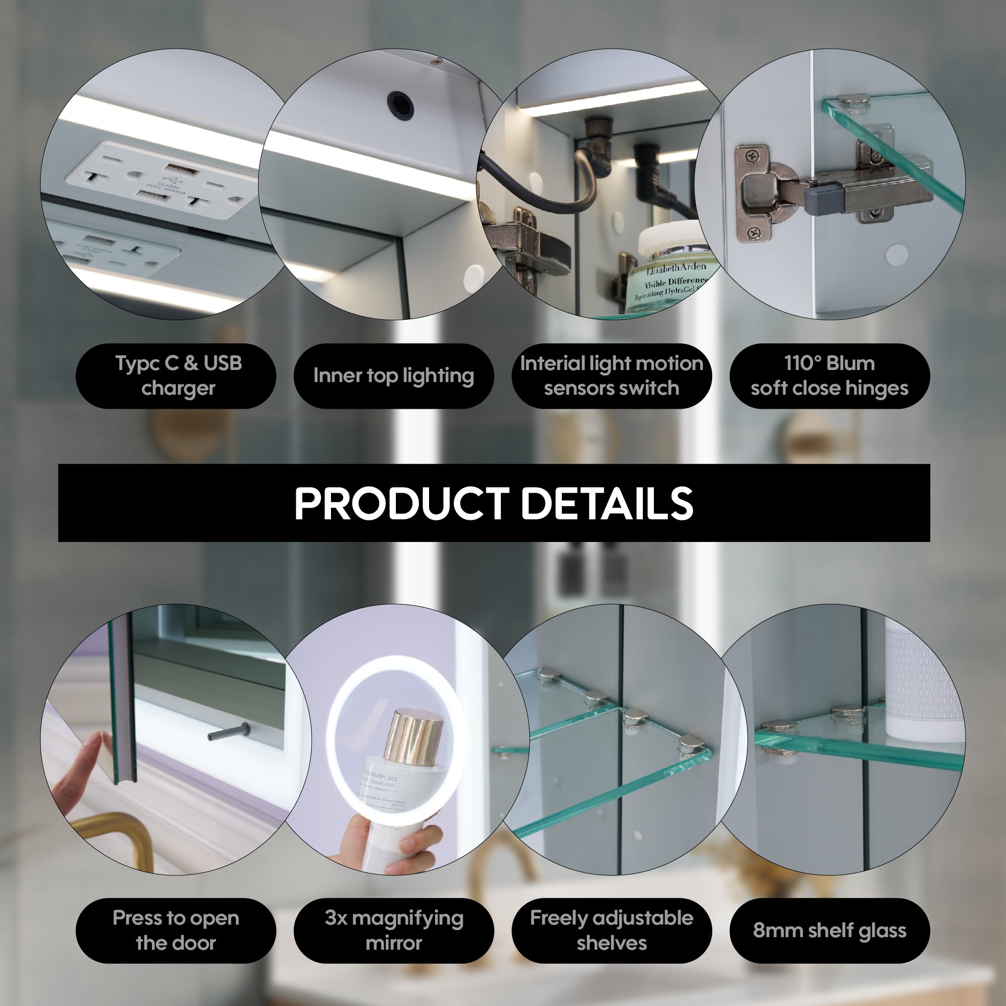 24 x 32 Inch LED Lighted Anti-fog Left Medicine Cabinet with Mirror, 3X Magnifier, Surface or Recess Mount