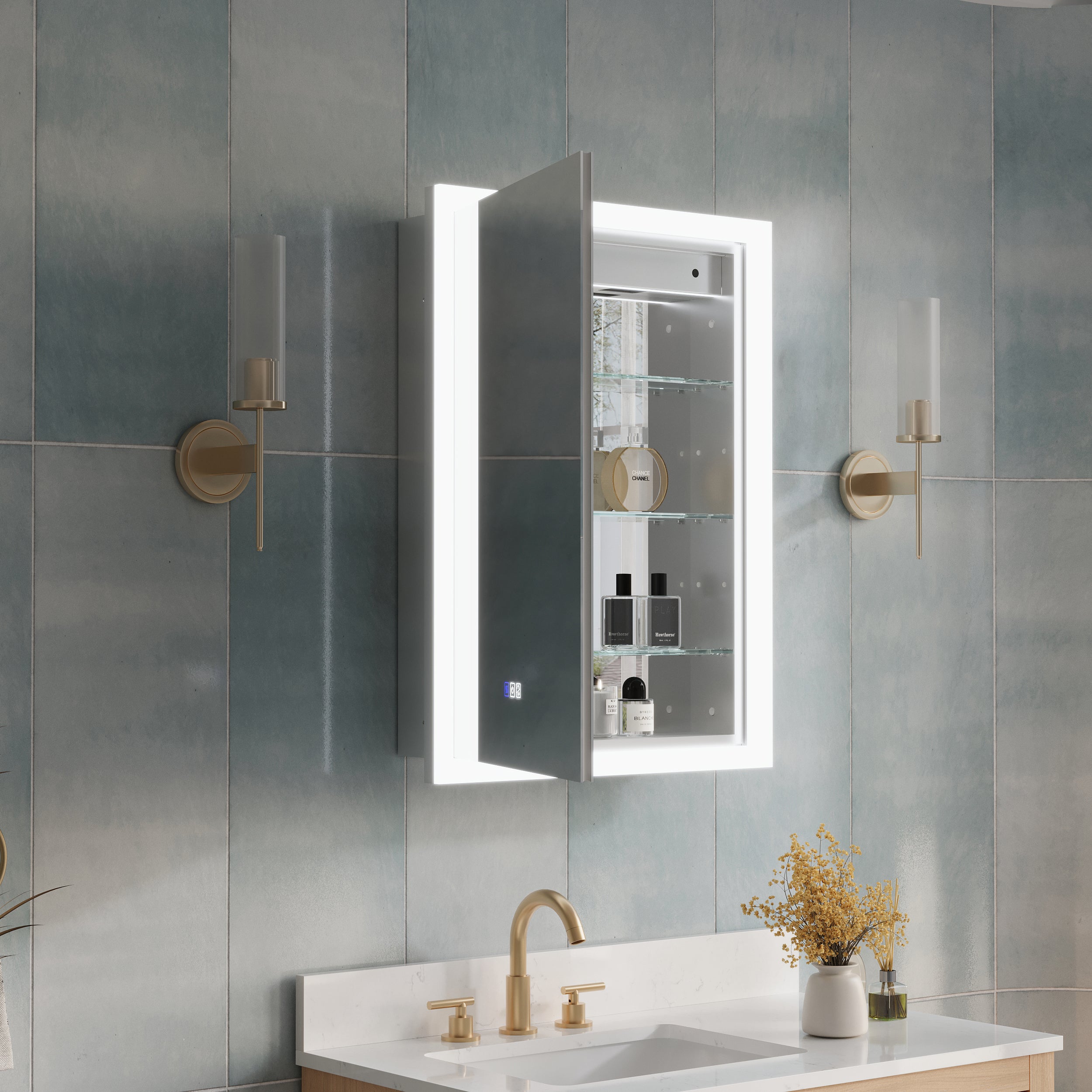 24 x 32 Inch LED Lighted Anti-fog Left Medicine Cabinet with Mirror, 3X Magnifier, Surface or Recess Mount