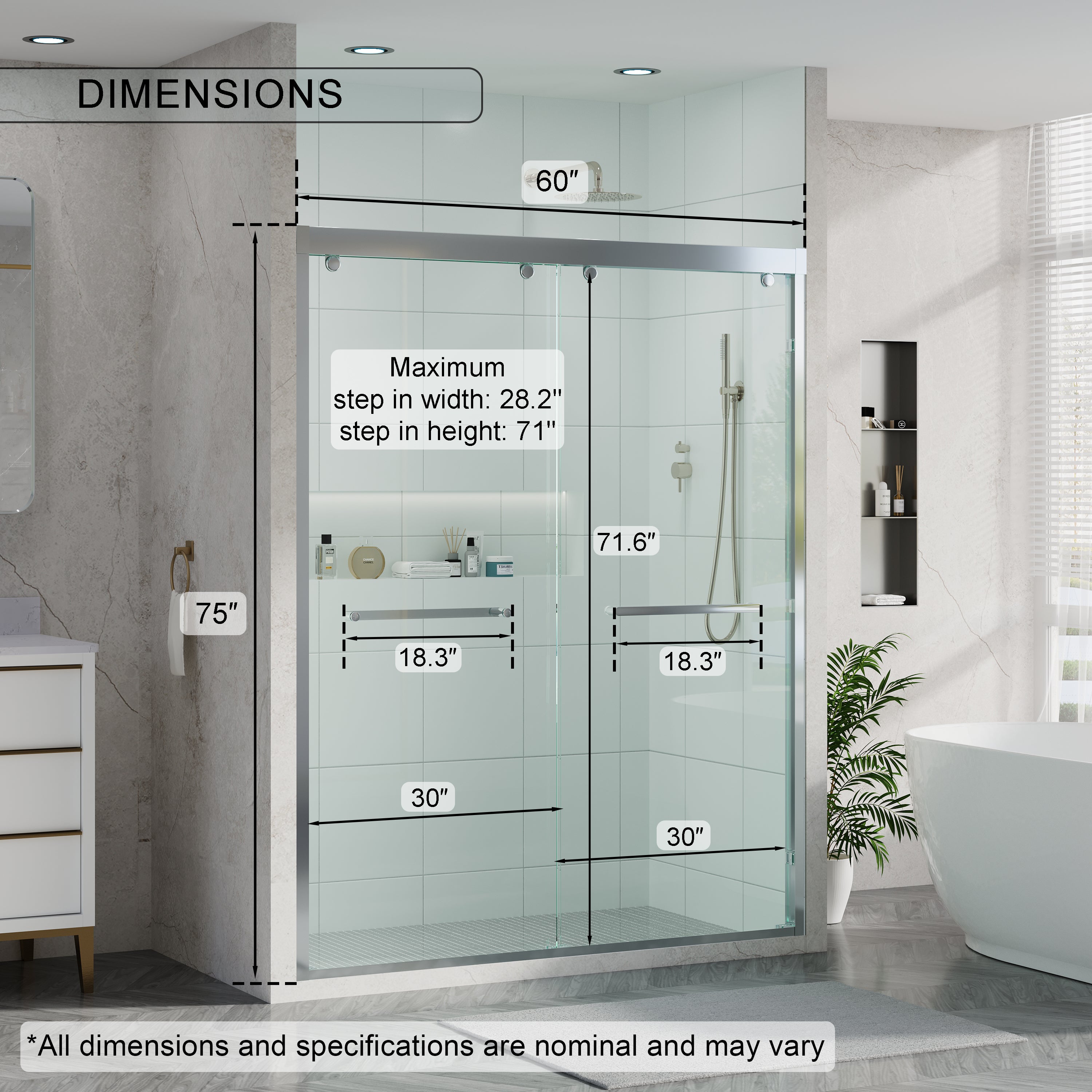 56–60 Inch Double Sliding Shower Door with Chrome Aluminum Alloy Frame and 5/16" Tempered Clear Glass