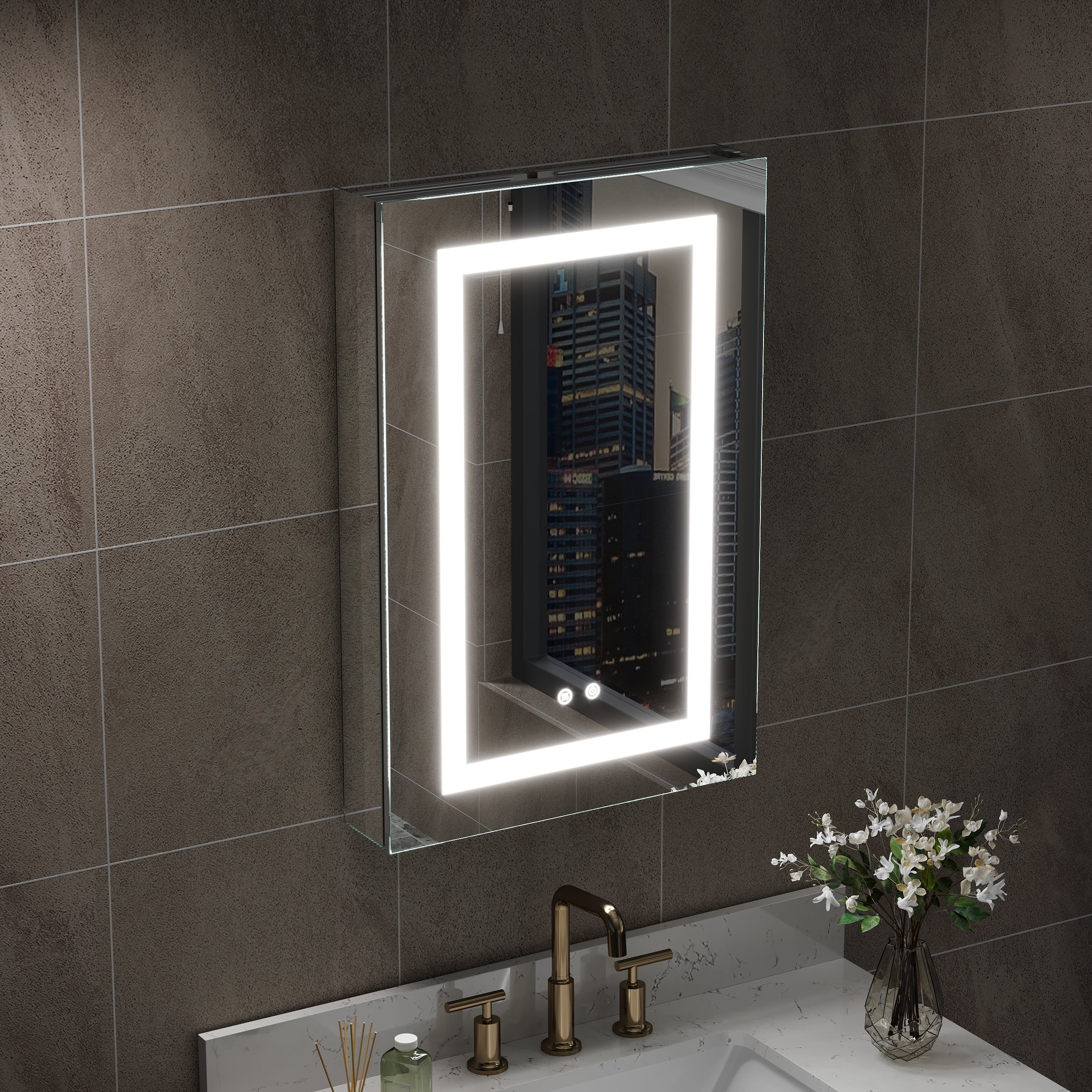 20 in. x 30 in. LED Lighted Surface/Recessed Mount Silver Mirrored Medicine Cabinet with Outlet left Side