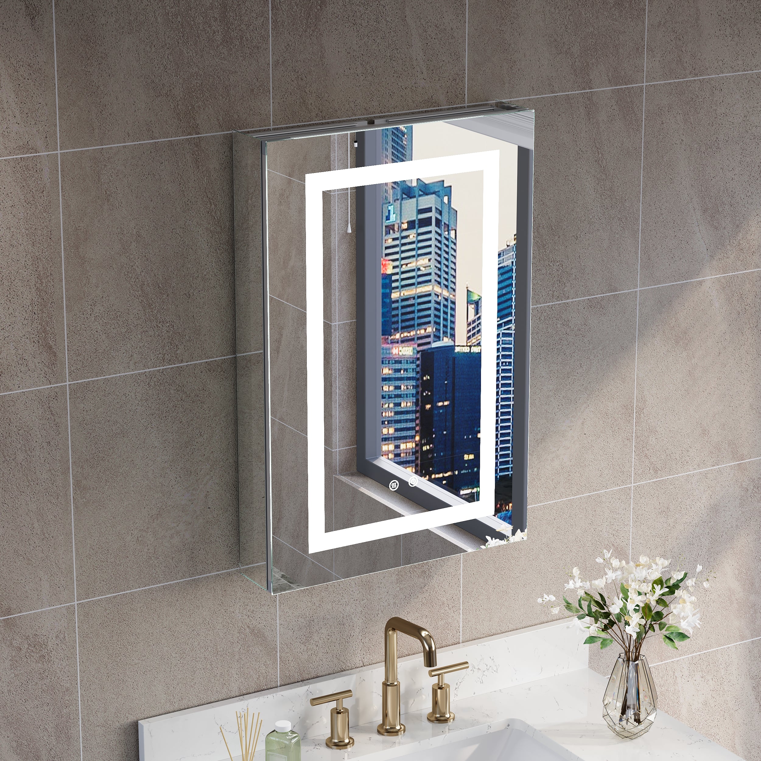 20 in. x 30 in. LED Lighted Surface/Recessed Mount Silver Mirrored Medicine Cabinet with Outlet left Side