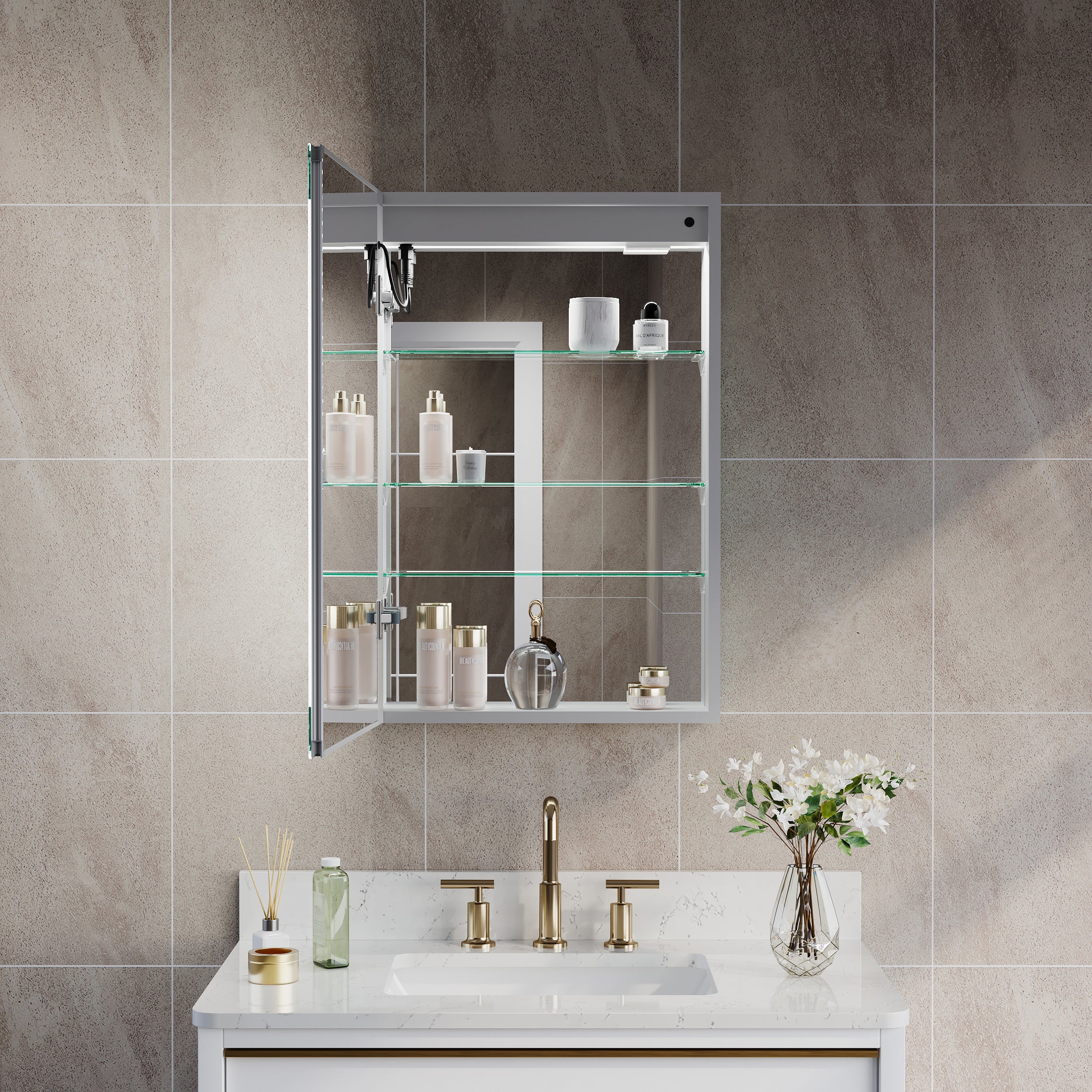 20 in. x 30 in. LED Lighted Surface/Recessed Mount Silver Mirrored Medicine Cabinet with Outlet left Side