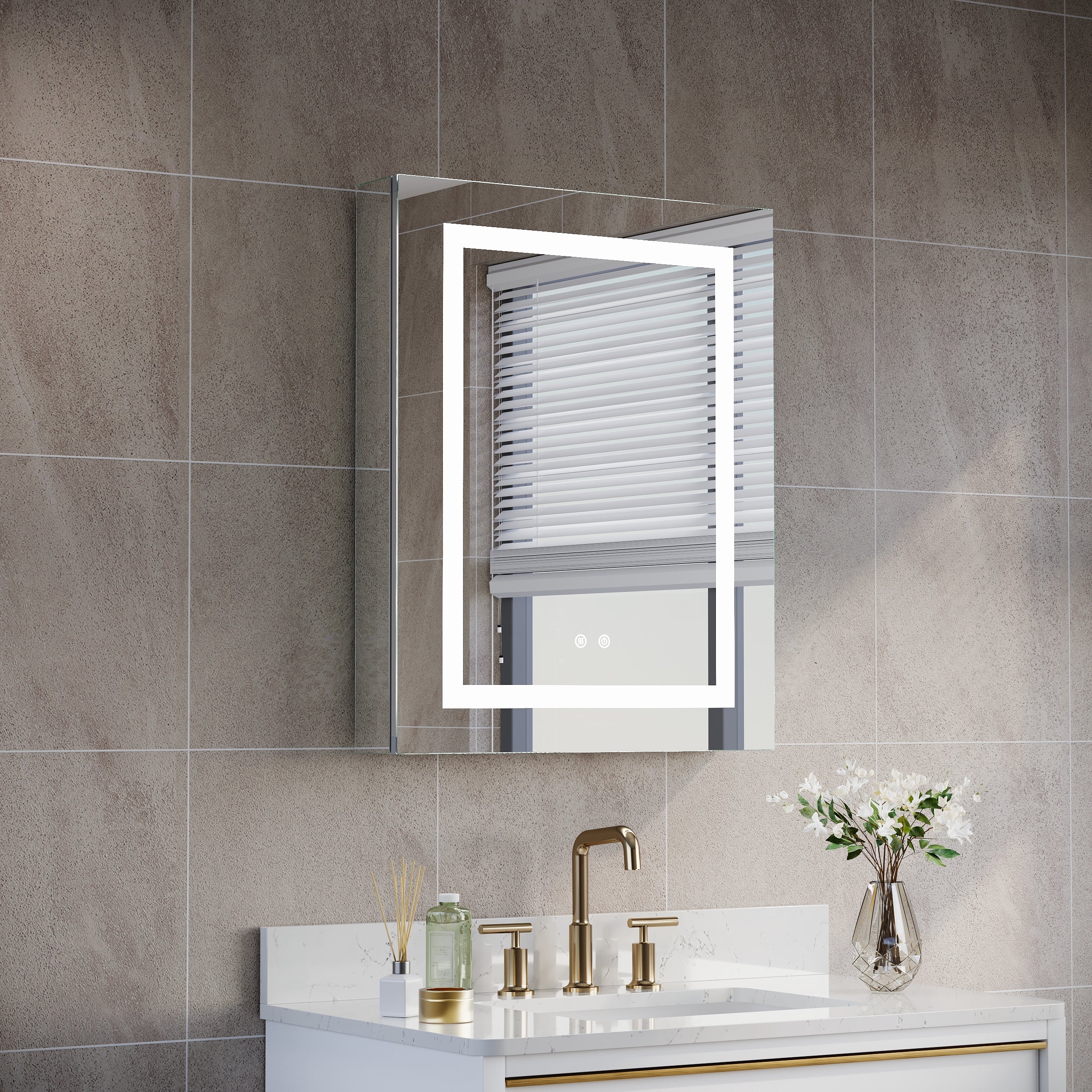 24 in. x 30 in. LED Lighted Surface/Recessed Mount Silver Mirrored Medicine Cabinet with Outlet right Side