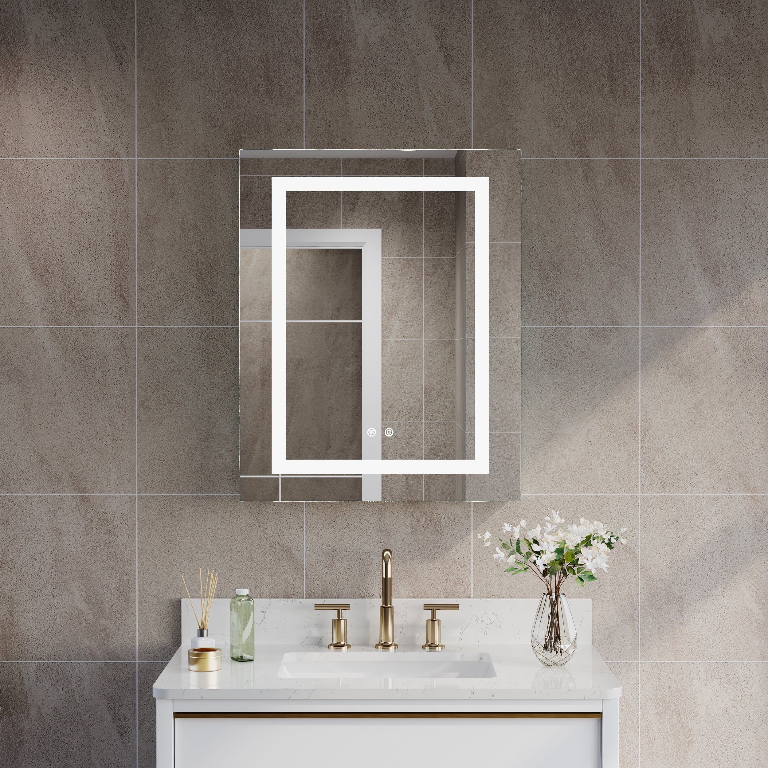 24 in. x 30 in. LED Lighted Surface/Recessed Mount Silver Mirrored Medicine Cabinet with Outlet right Side