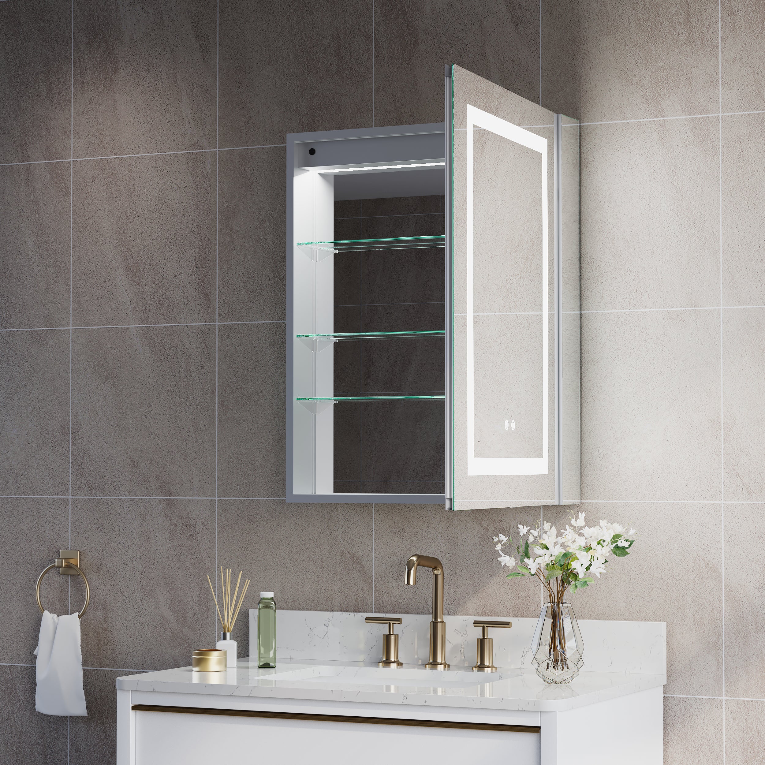 24 in. x 30 in. LED Lighted Surface/Recessed Mount Silver Mirrored Medicine Cabinet with Outlet right Side