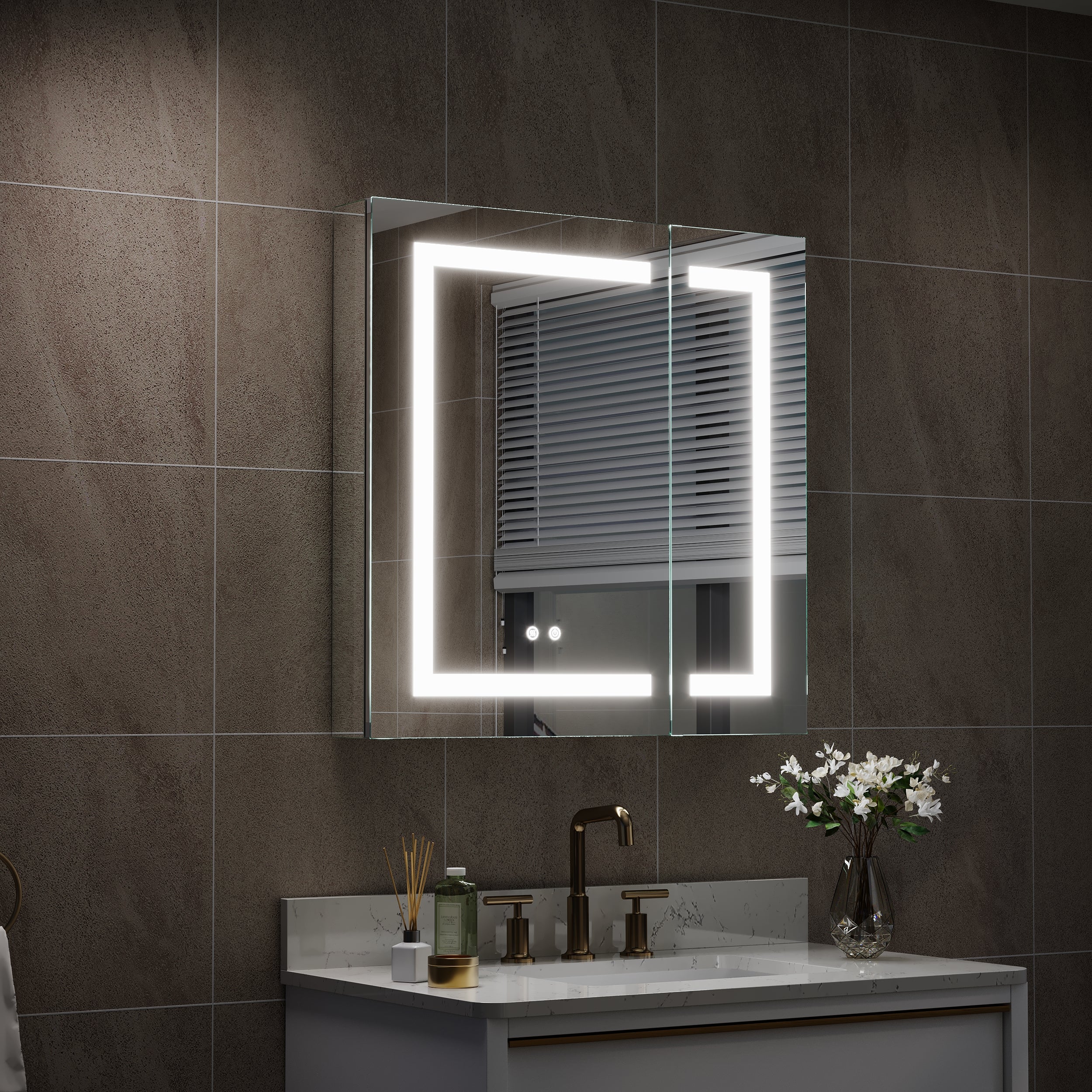 30 in. x 30 in. Lighted LED Surface/Recessed Mount Mirror Rectangle Bathroom Medicine Cabinet with Outlet