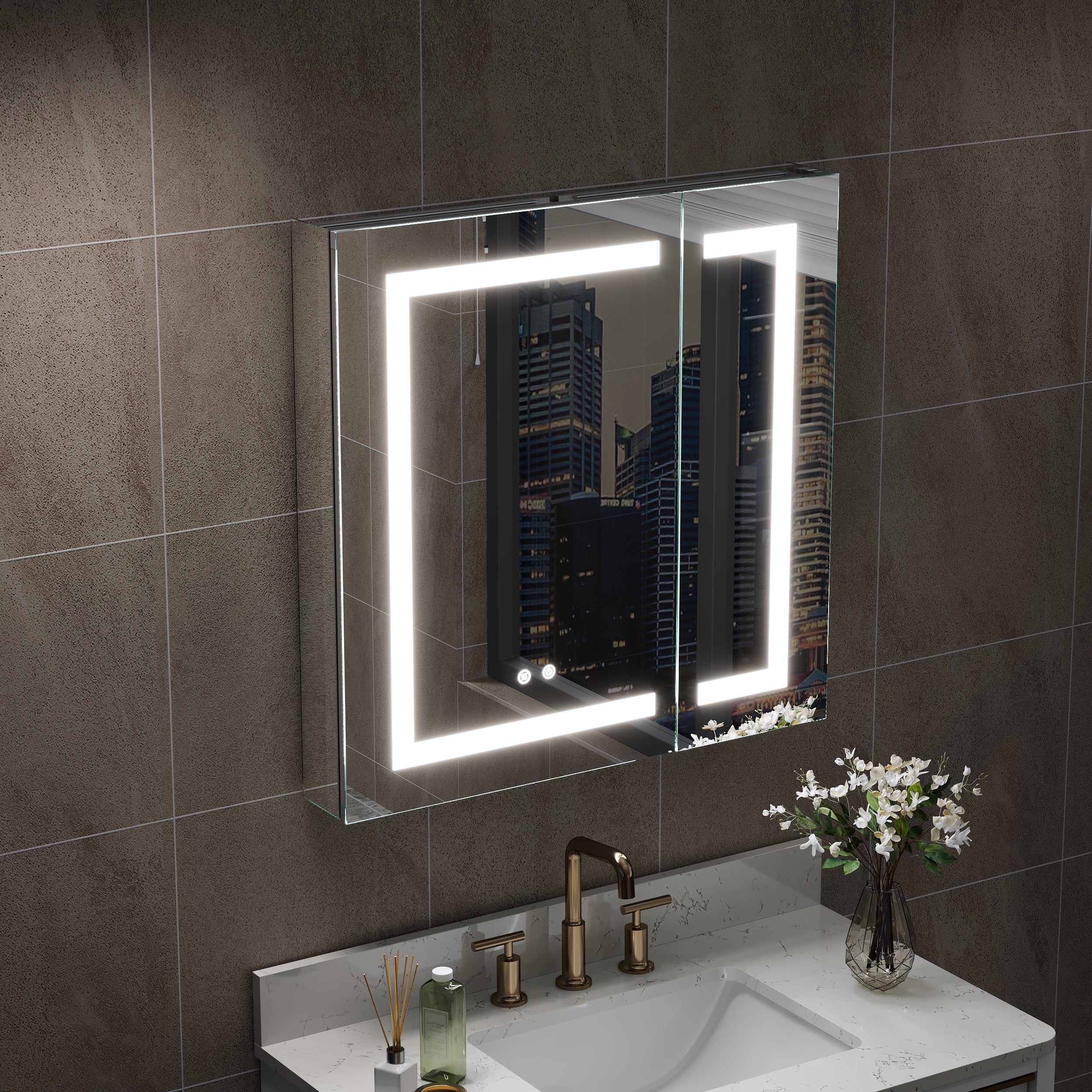 30 in. x 30 in. Lighted LED Surface/Recessed Mount Mirror Rectangle Bathroom Medicine Cabinet with Outlet