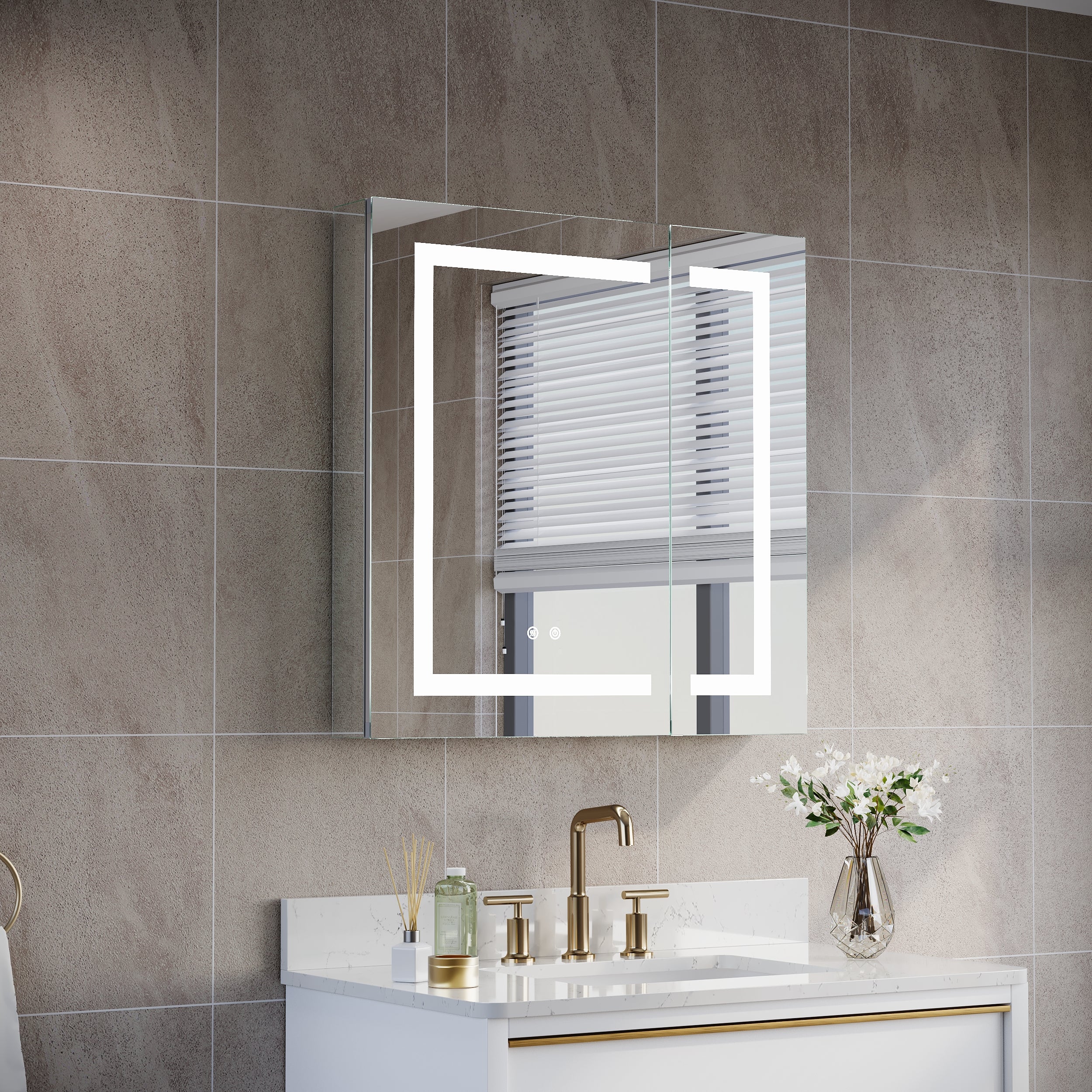 30 in. x 30 in. Lighted LED Surface/Recessed Mount Mirror Rectangle Bathroom Medicine Cabinet with Outlet