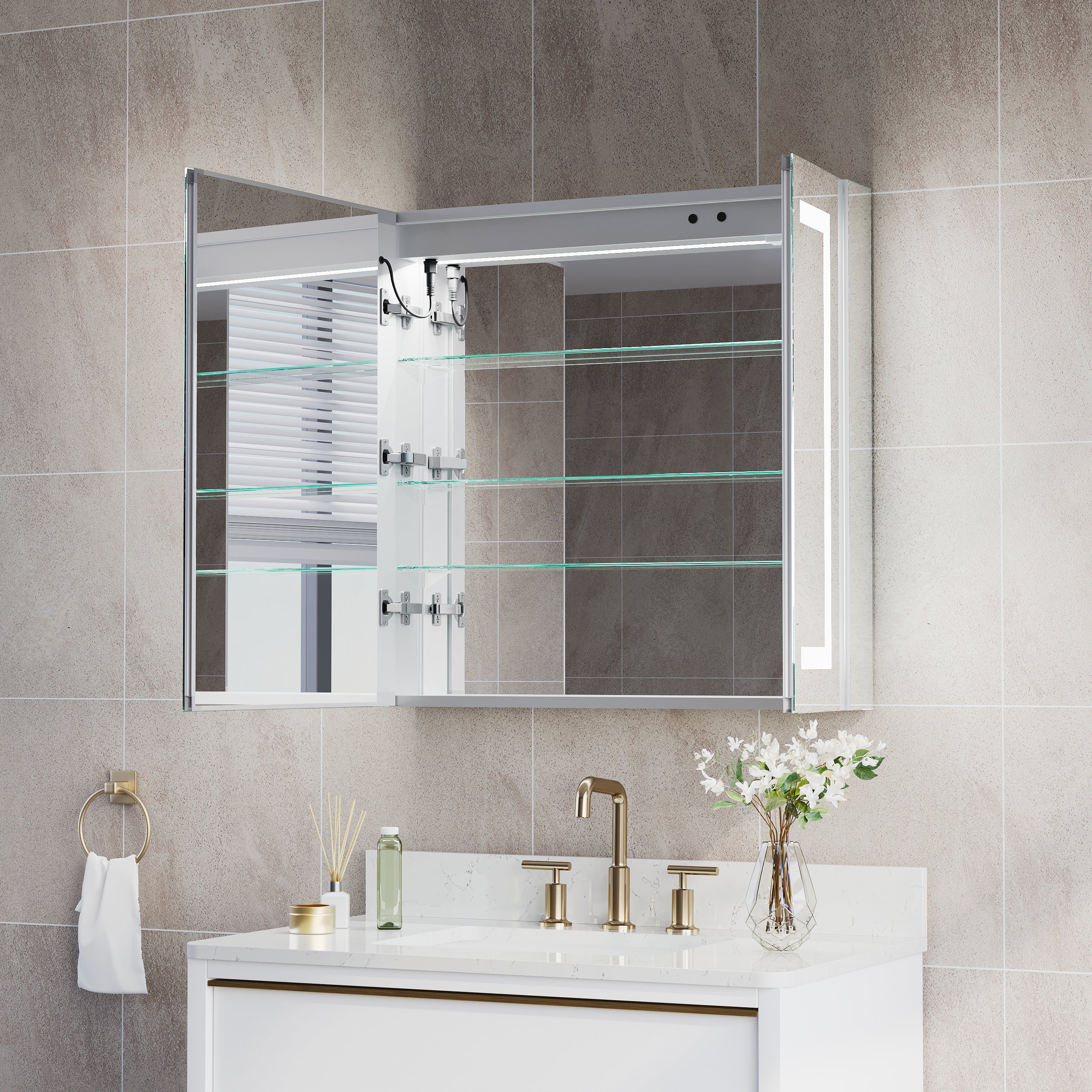 30 in. x 30 in. Lighted LED Surface/Recessed Mount Mirror Rectangle Bathroom Medicine Cabinet with Outlet