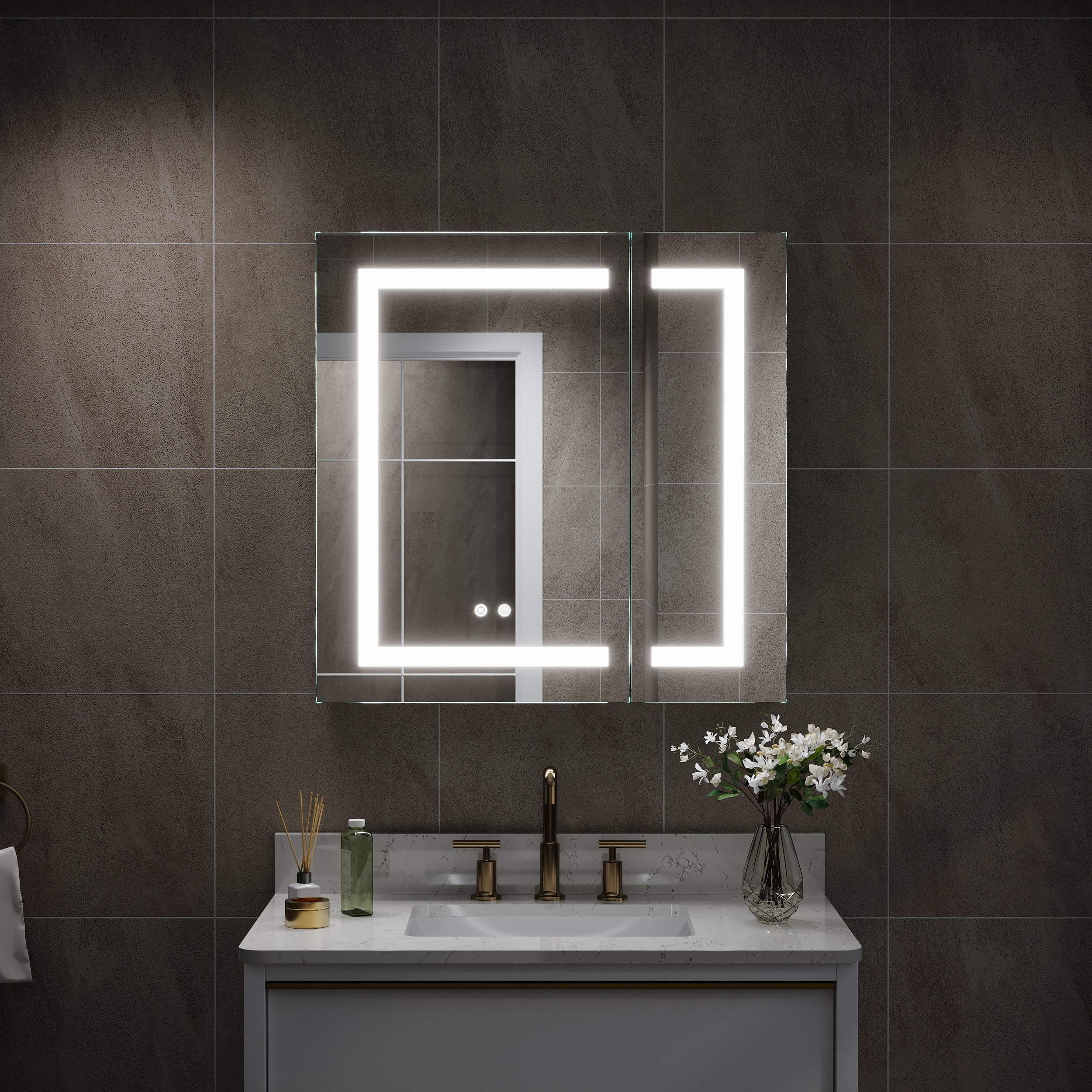 30 in. x 30 in. Lighted LED Surface/Recessed Mount Mirror Rectangle Bathroom Medicine Cabinet with Outlet