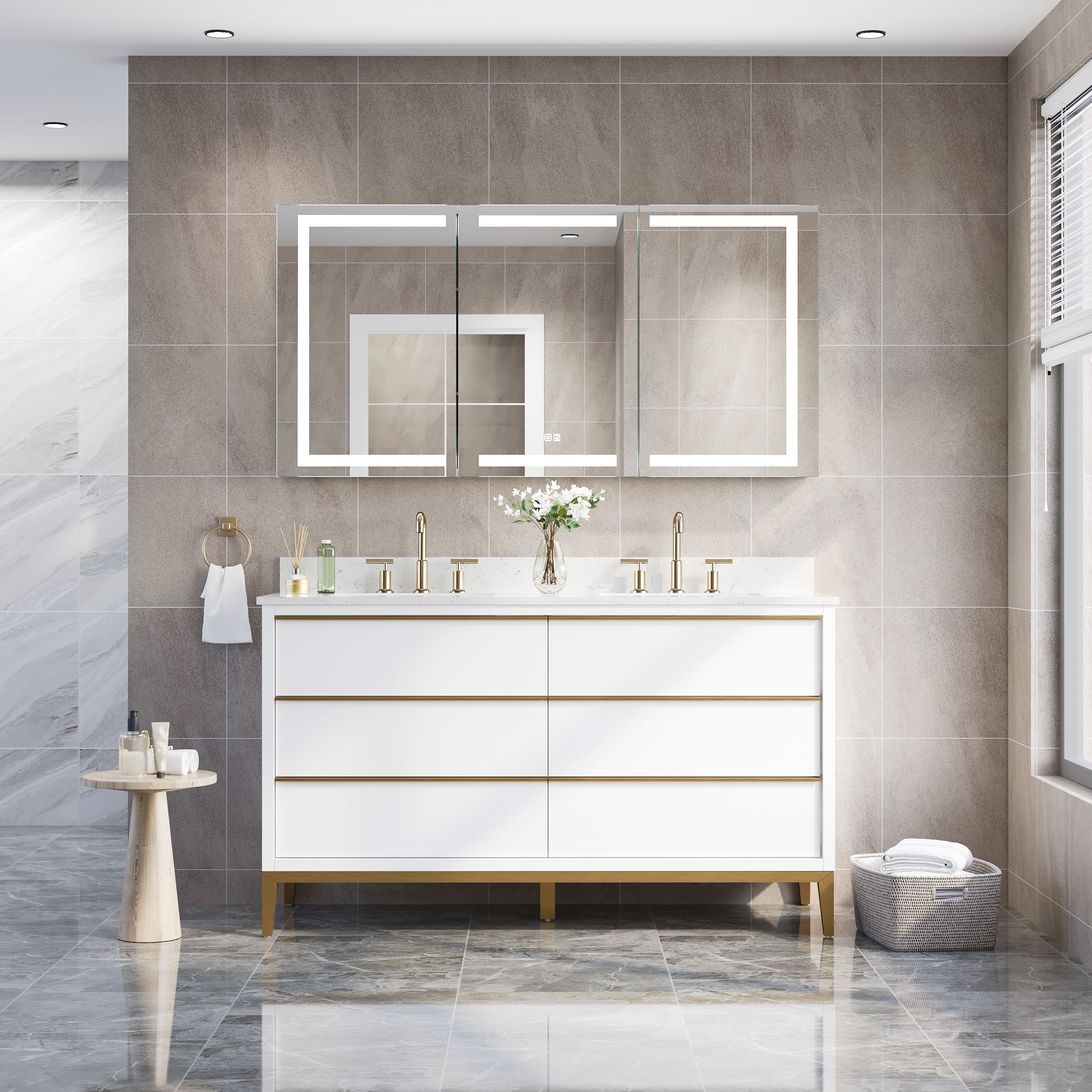 60 in. x 30 in. LED Lighted Aluminum Bathroom Medicine Cabinet with Anti-Fog, Dimmable Lighting, Outlet, Surface or Recessed Mount