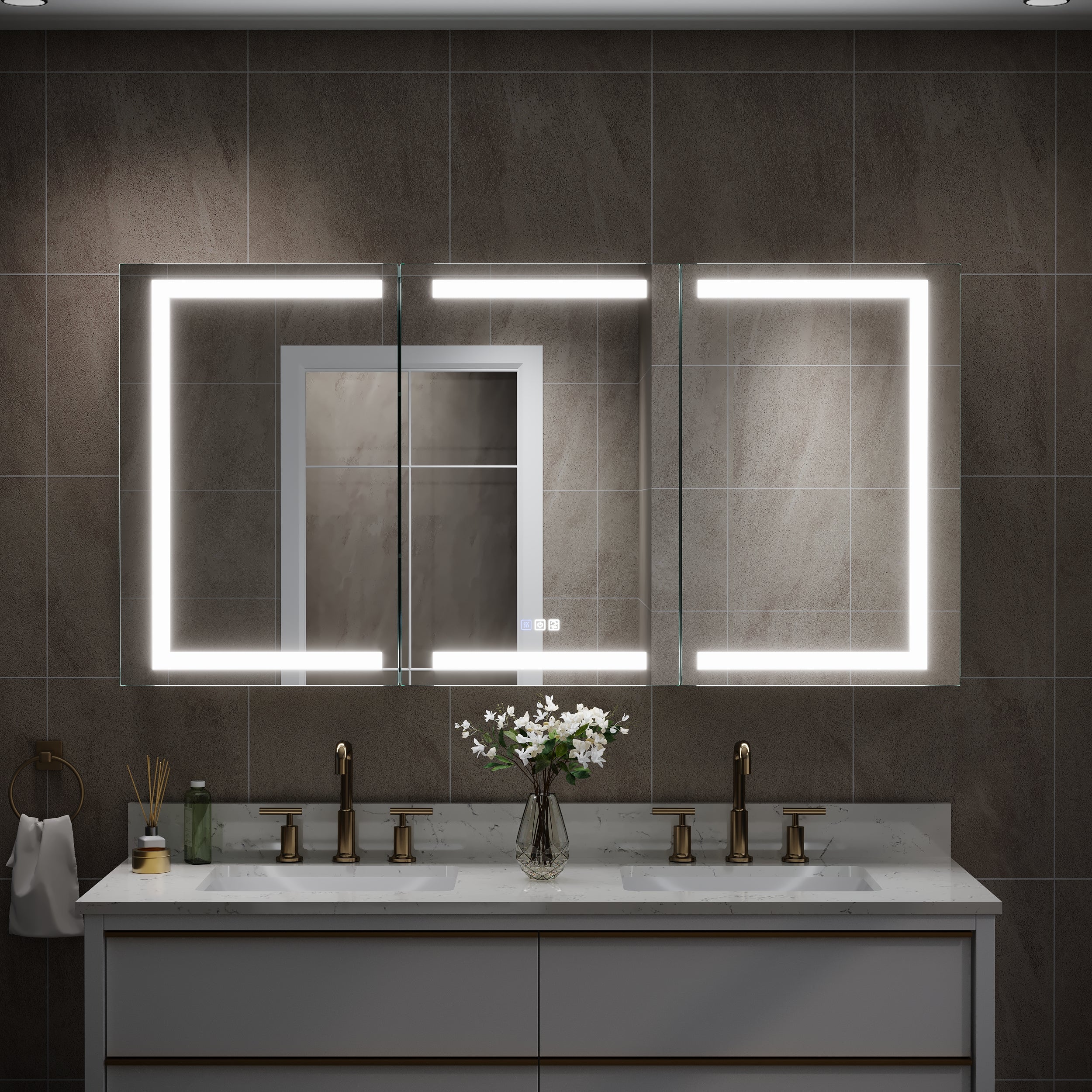 60 in. x 30 in. LED Lighted Aluminum Bathroom Medicine Cabinet with Anti-Fog, Dimmable Lighting, Outlet, Surface or Recessed Mount