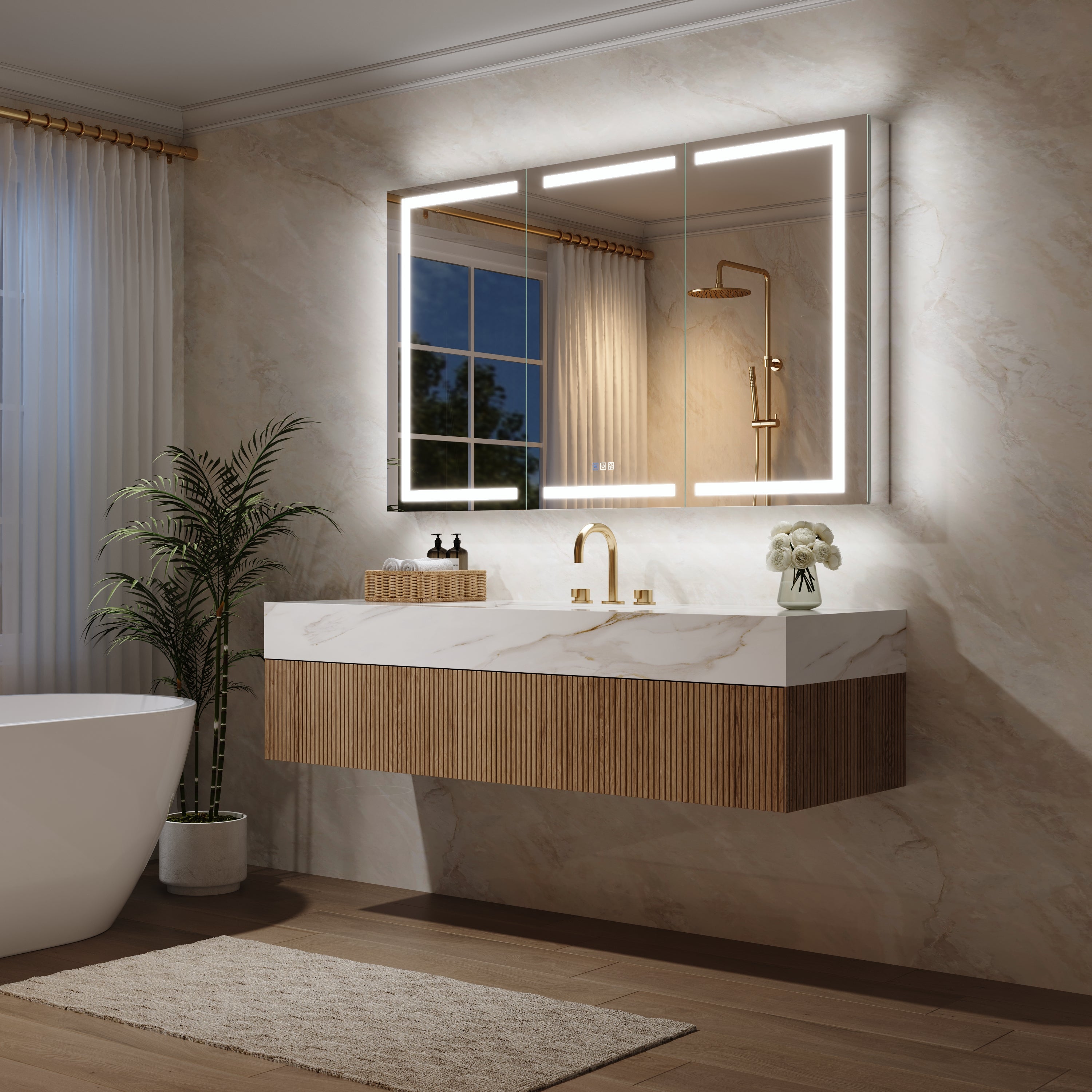 60 in. x 36 in. Aluminum LED Bathroom Medicine Cabinet with Anti-Fog, Dimmable Lighting, Outlet, Surface or Recessed Mount