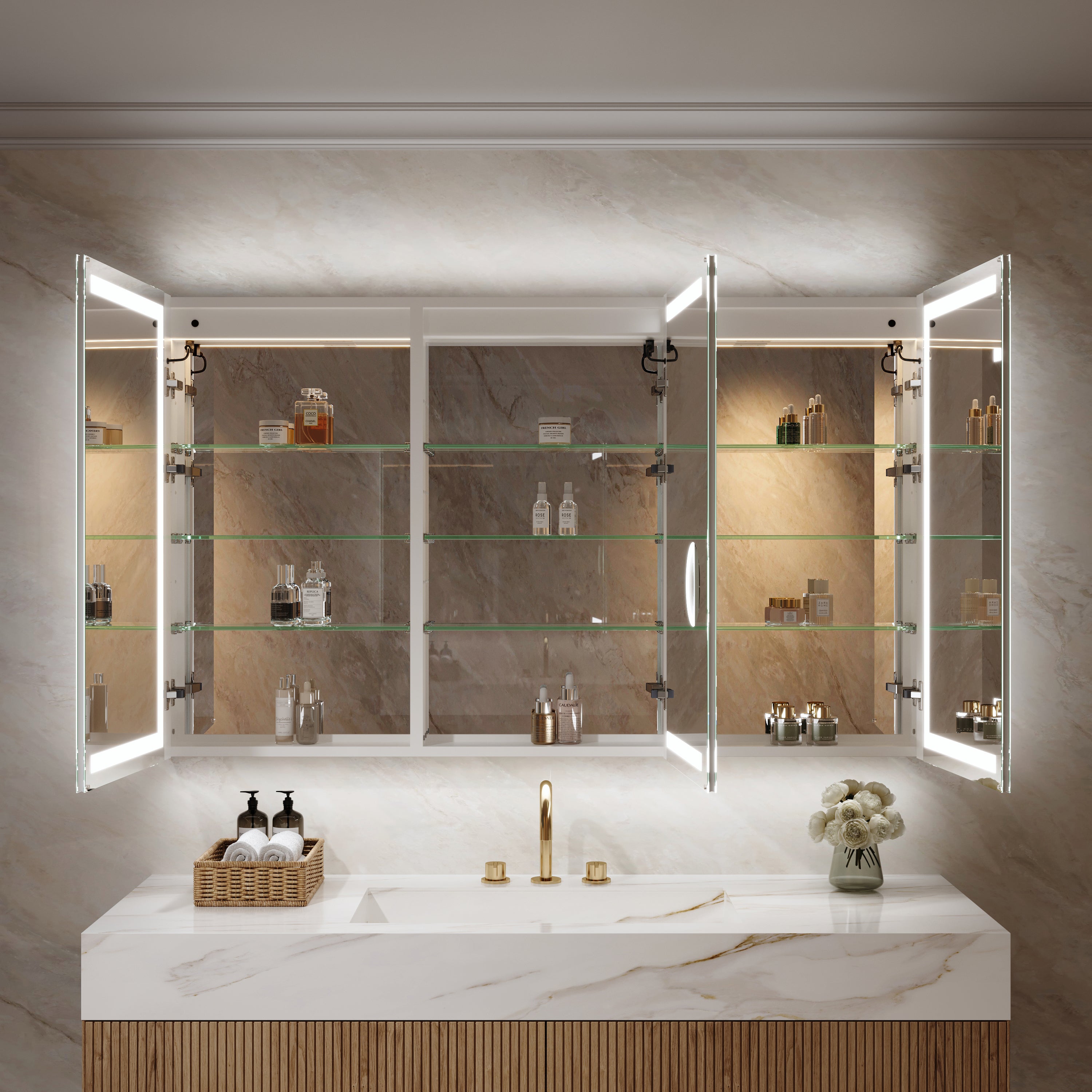60 in. x 36 in. Aluminum LED Bathroom Medicine Cabinet with Anti-Fog, Dimmable Lighting, Outlet, Surface or Recessed Mount