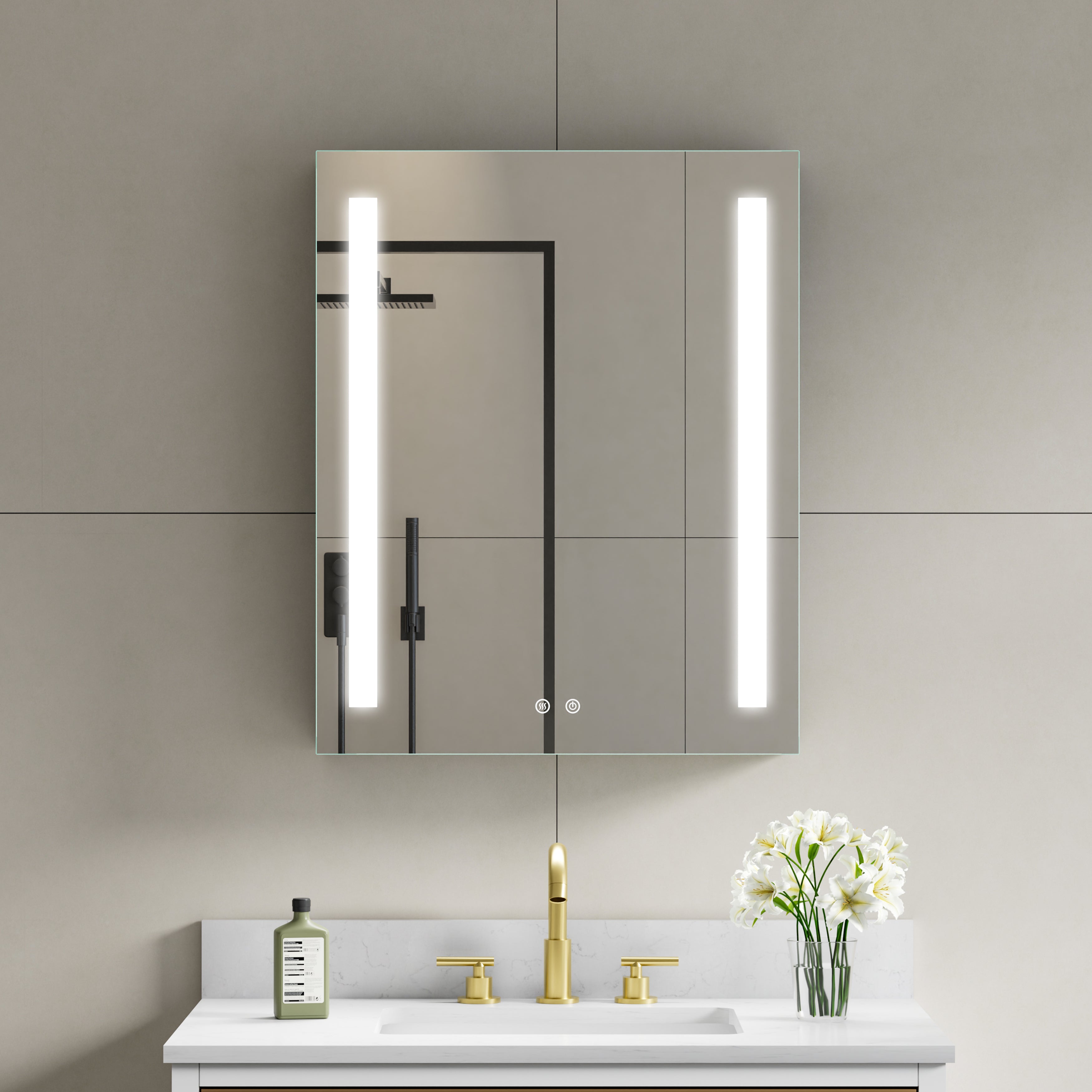 24 in. x 30 in. LED Lighted Surface/Recessed Mount Mirror Medicine Cabinet with Outlet left Side